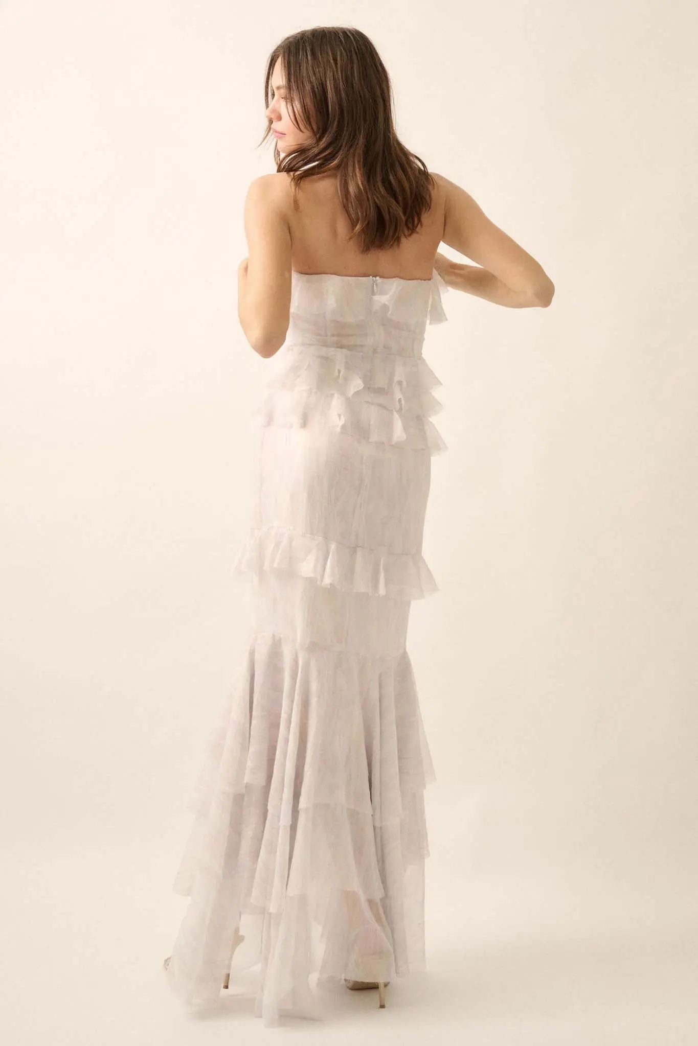 Opal Glow Strapless Iridescent Ruffle Maxi Dress - Image 12