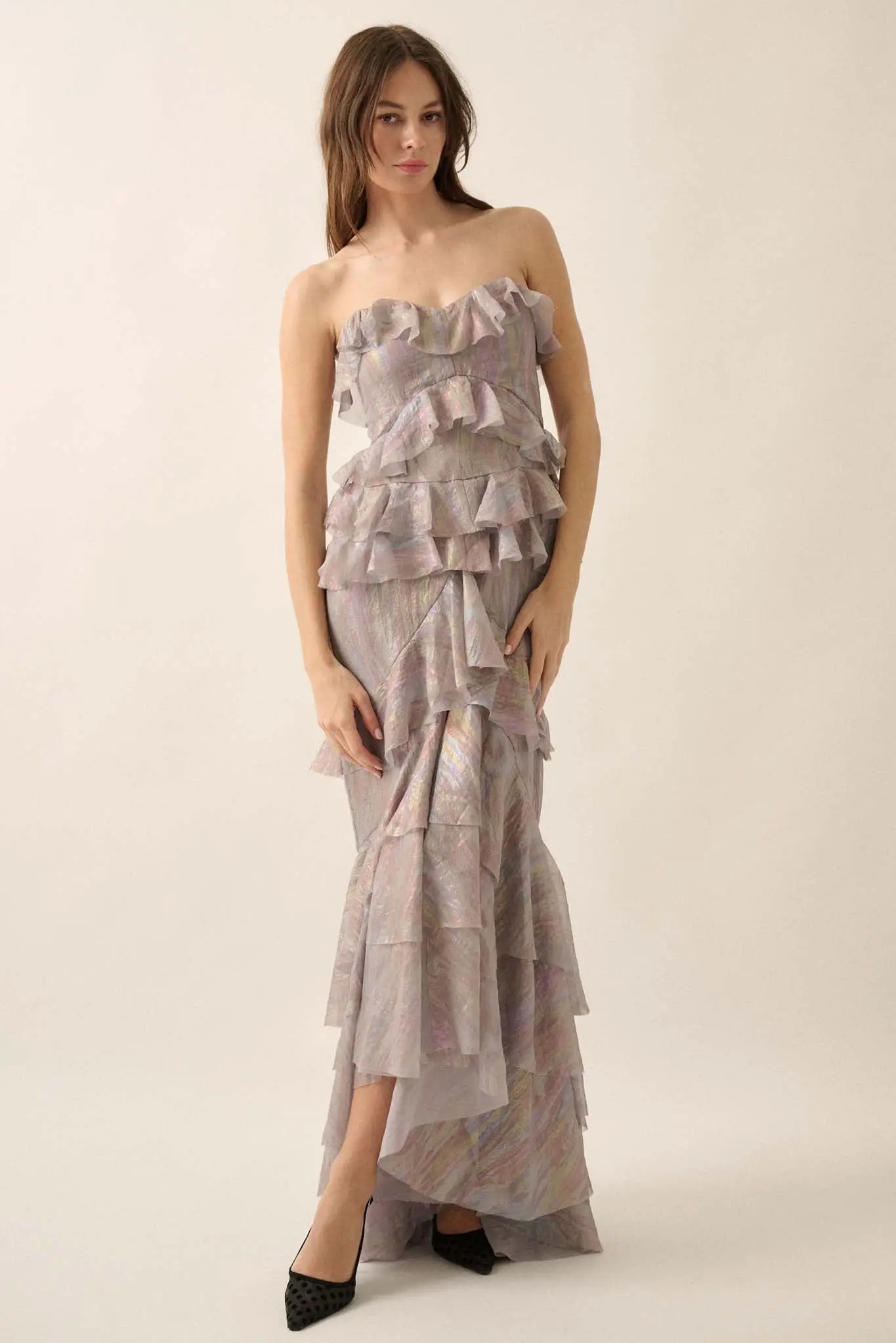 Opal Glow Strapless Iridescent Ruffle Maxi Dress - Image 3