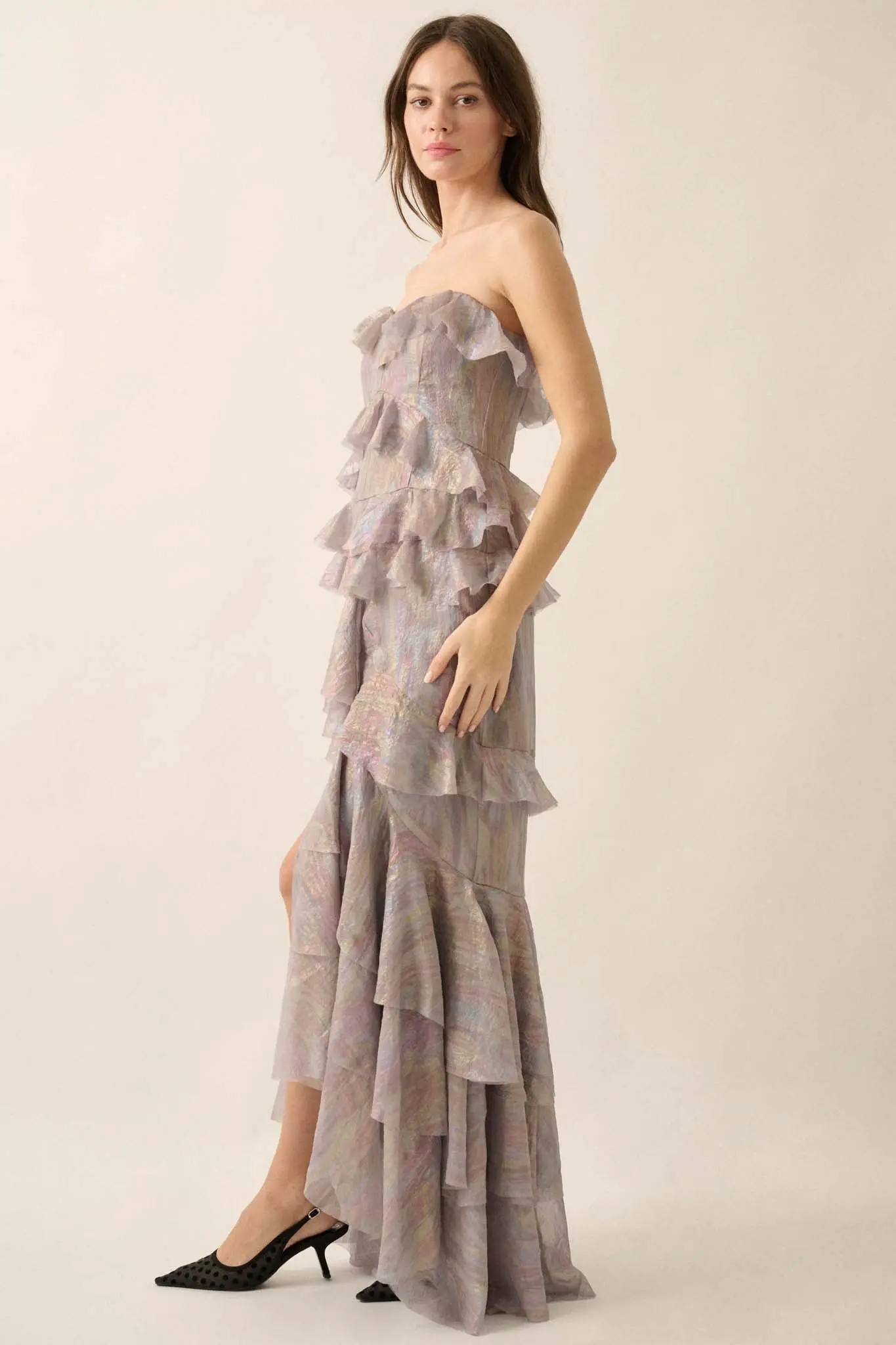 Opal Glow Strapless Iridescent Ruffle Maxi Dress - Image 5