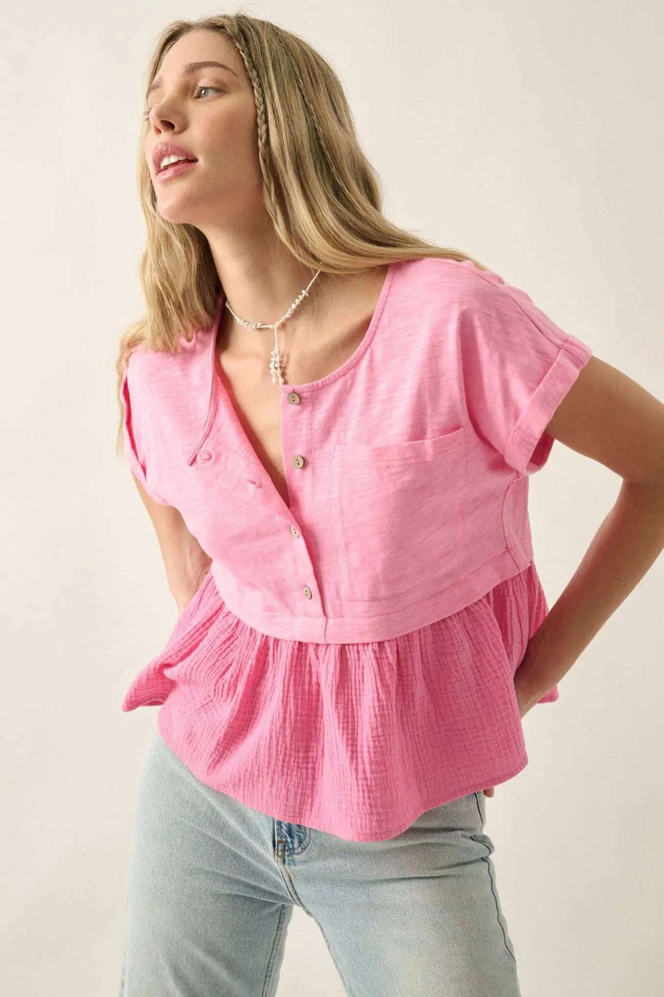 Open Air Cotton Pocket Henley Babydoll Top - Image 11