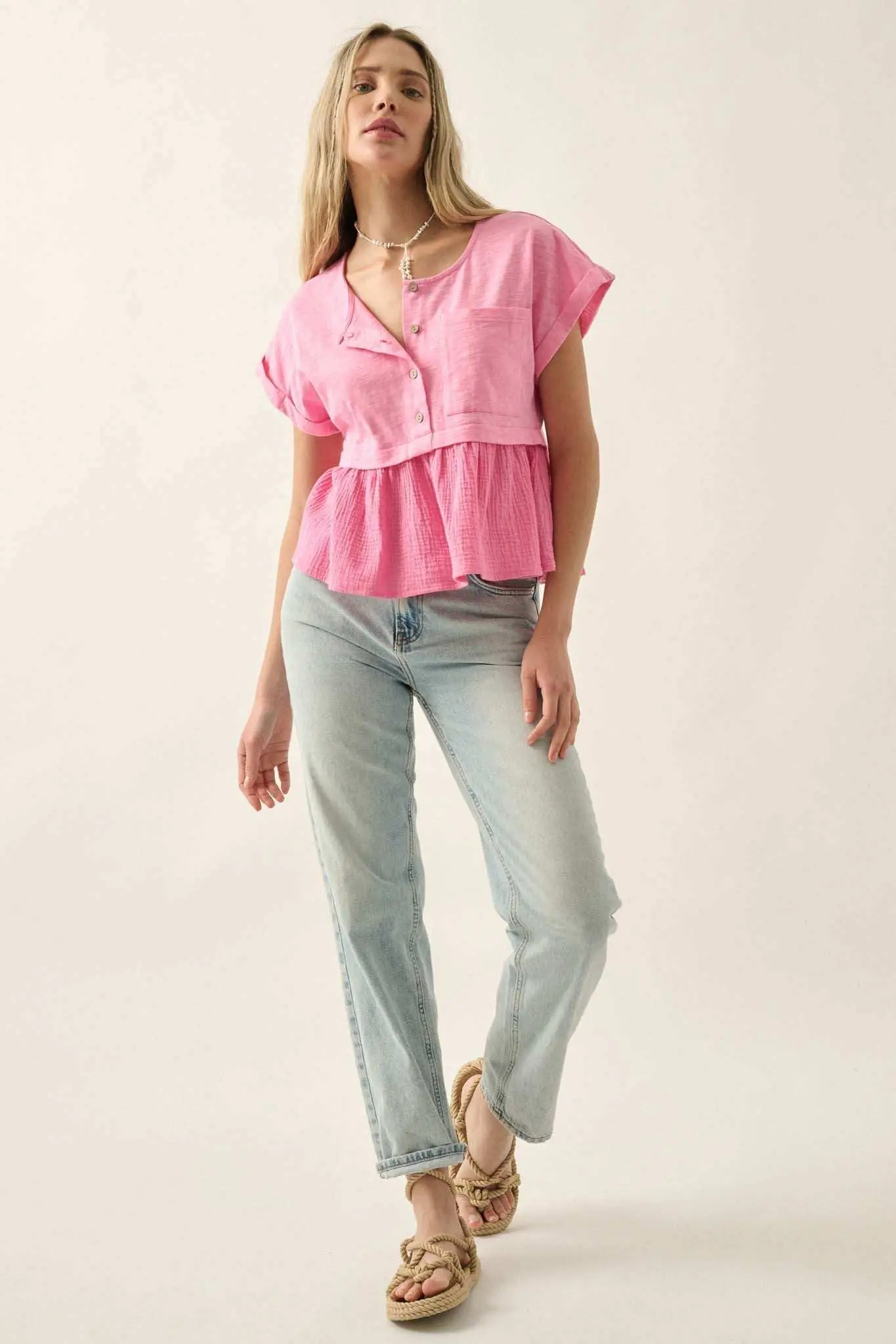 Open Air Cotton Pocket Henley Babydoll Top - Image 12