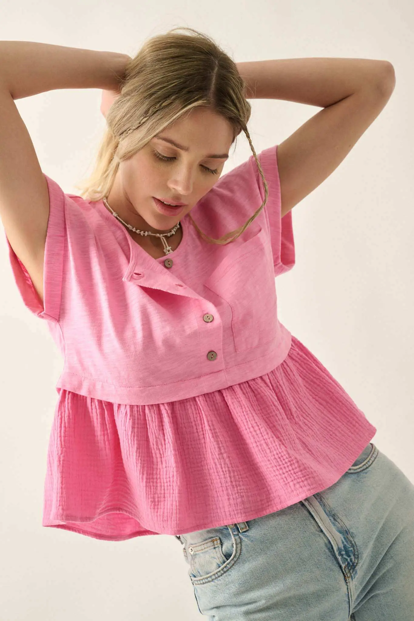 Open Air Cotton Pocket Henley Babydoll Top - Image 13