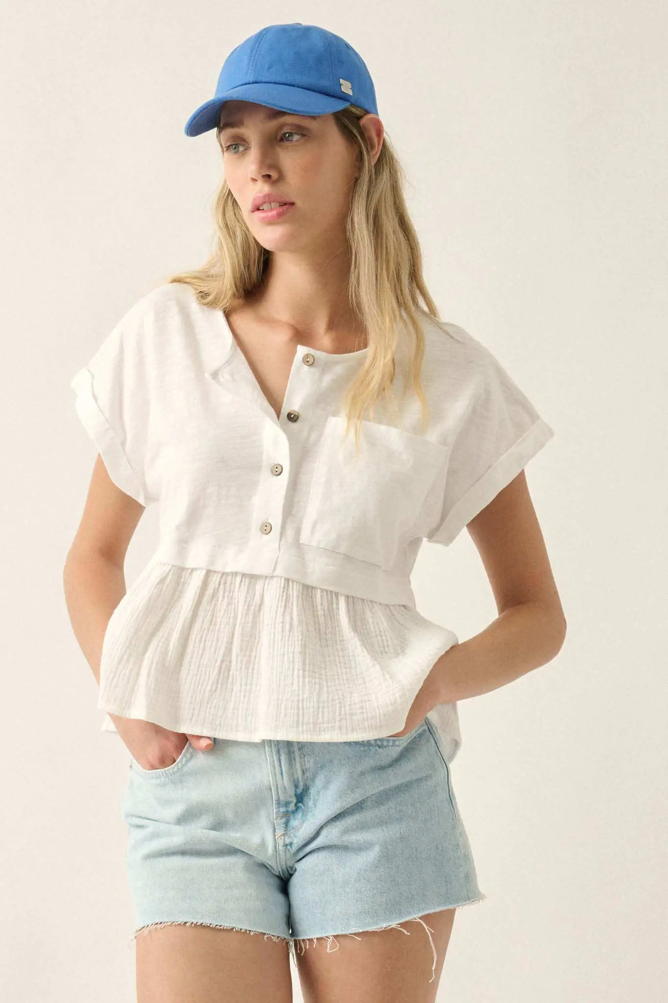 Open Air Cotton Pocket Henley Babydoll Top - Image 3