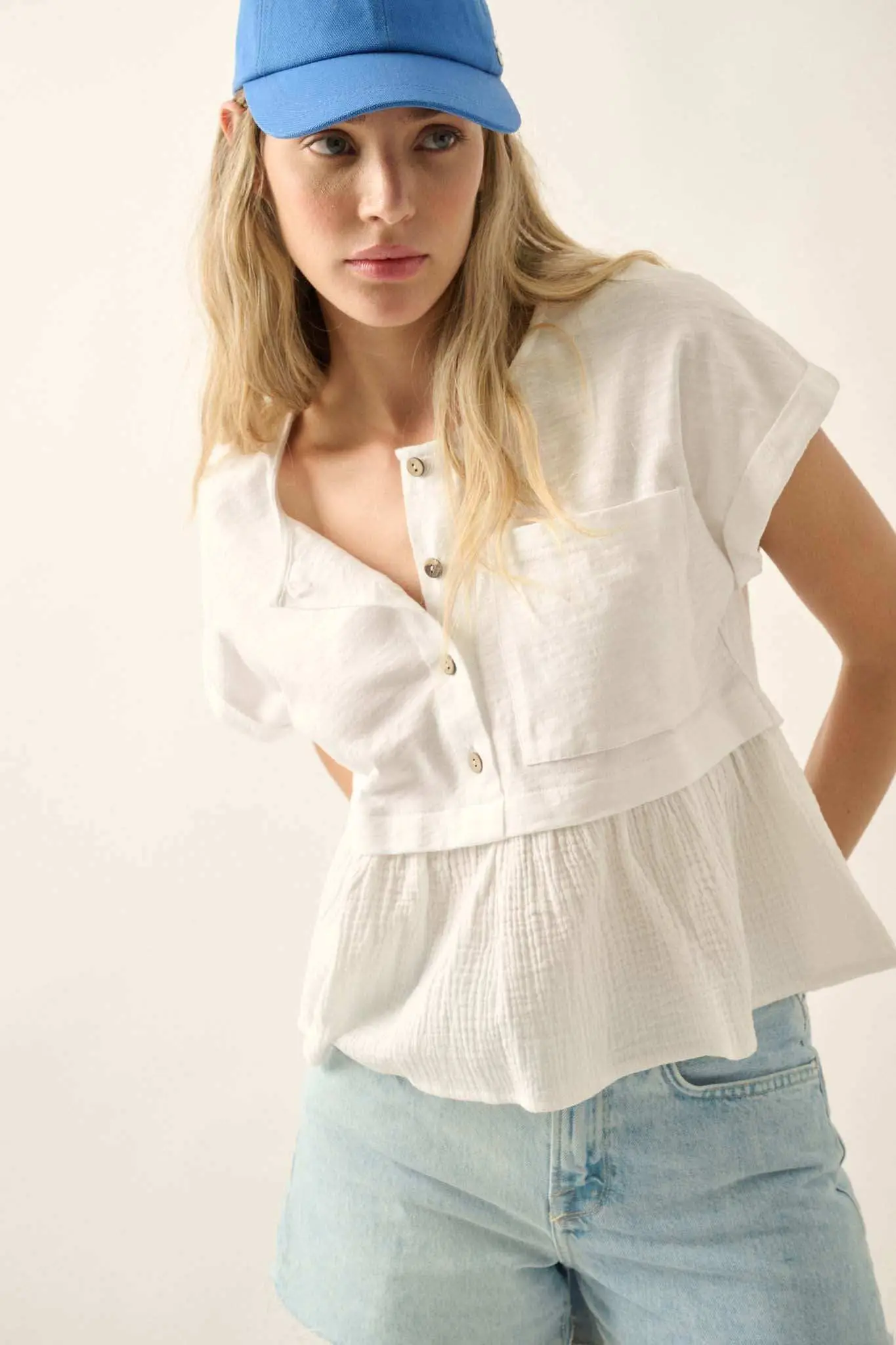 Open Air Cotton Pocket Henley Babydoll Top - Image 7