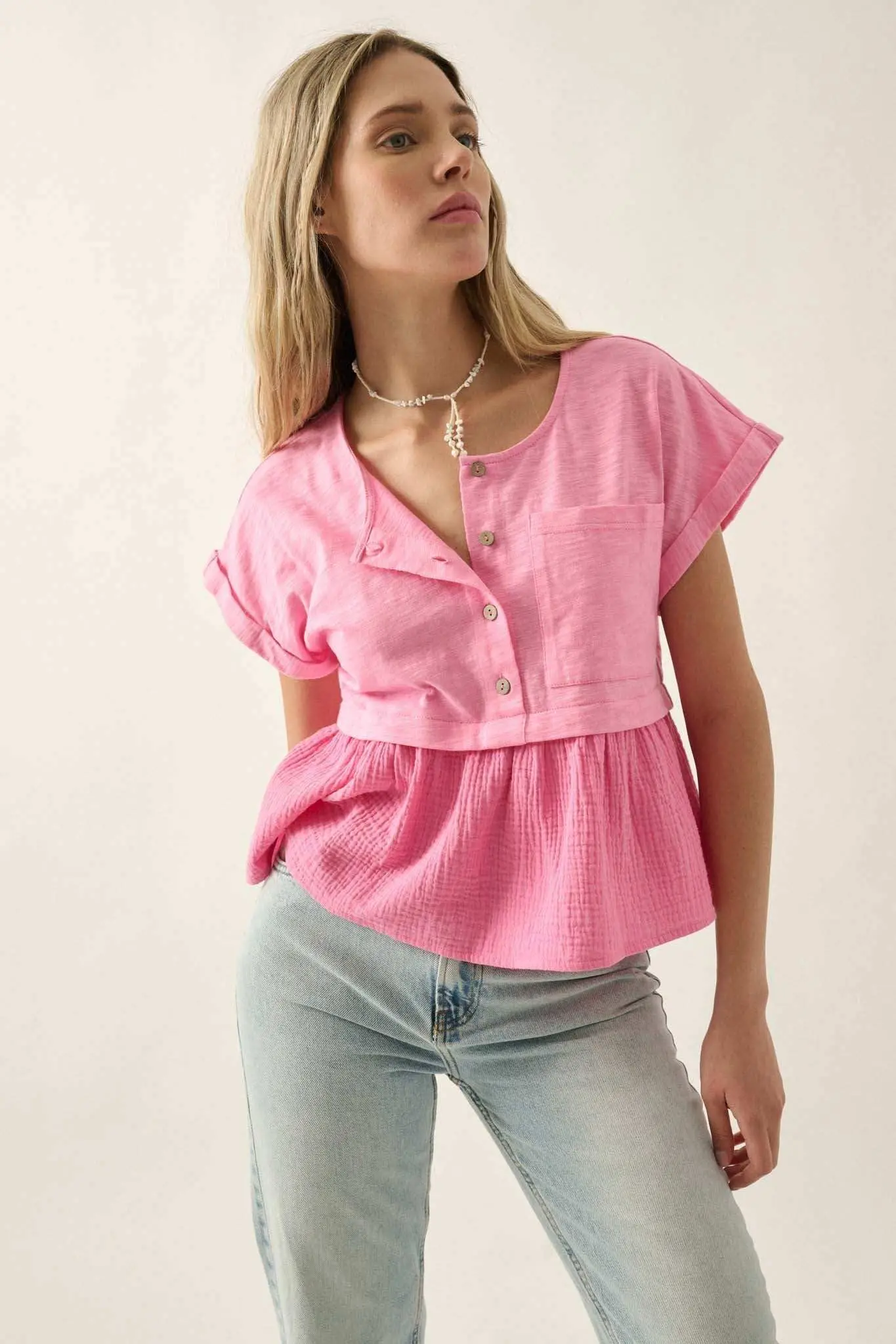 Open Air Cotton Pocket Henley Babydoll Top - Image 9