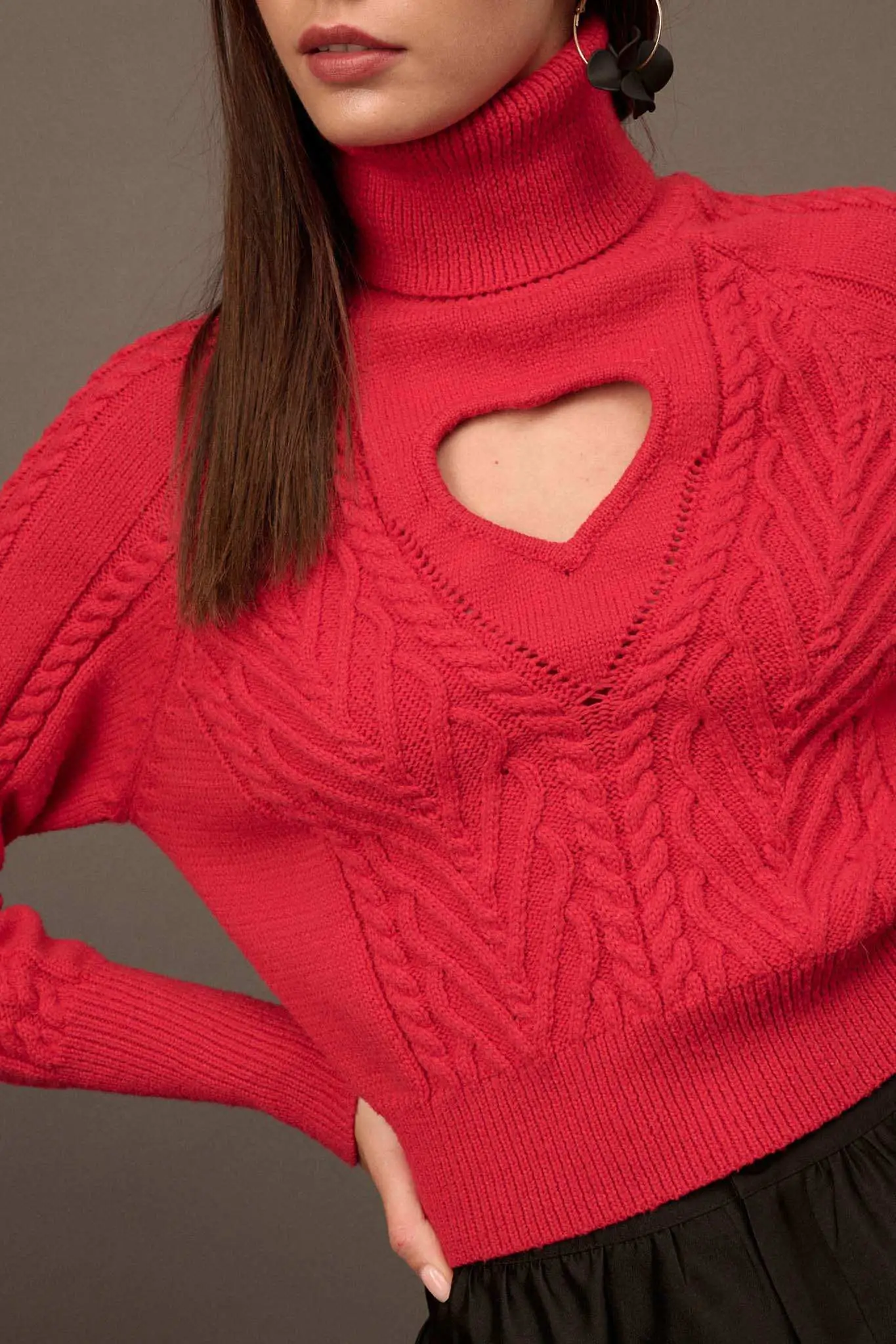 Open Heart Keyhole Cable Knit Turtleneck Sweater - Image 4