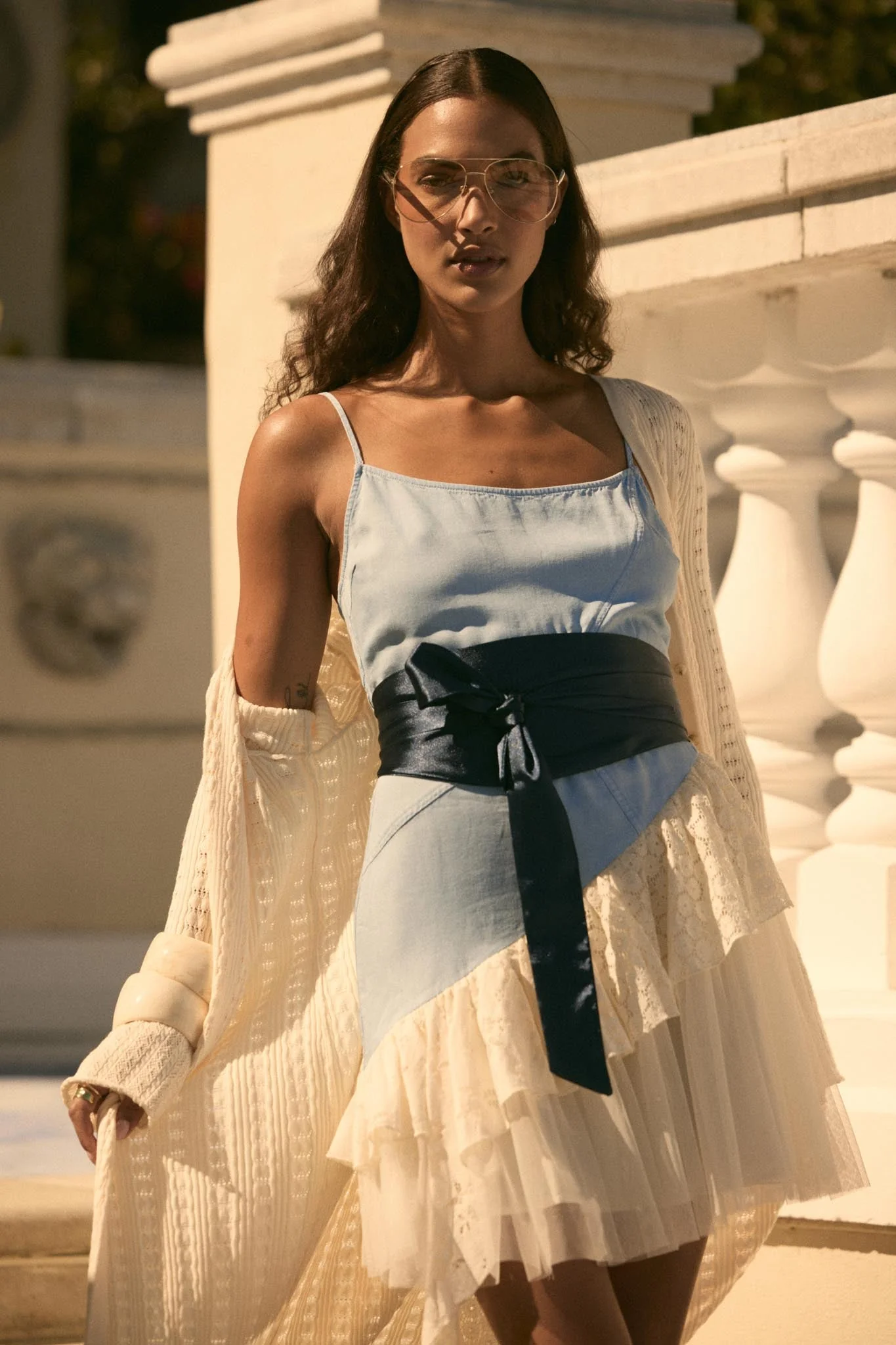 Open Skies Denim and Lace Ruffle Mini Dress - Image 2