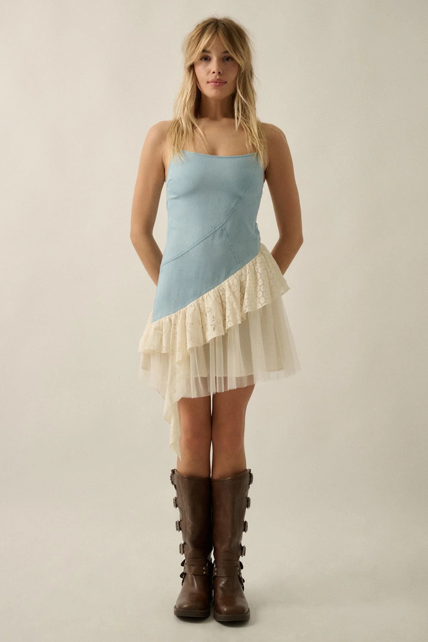 Open Skies Denim and Lace Ruffle Mini Dress - Image 6
