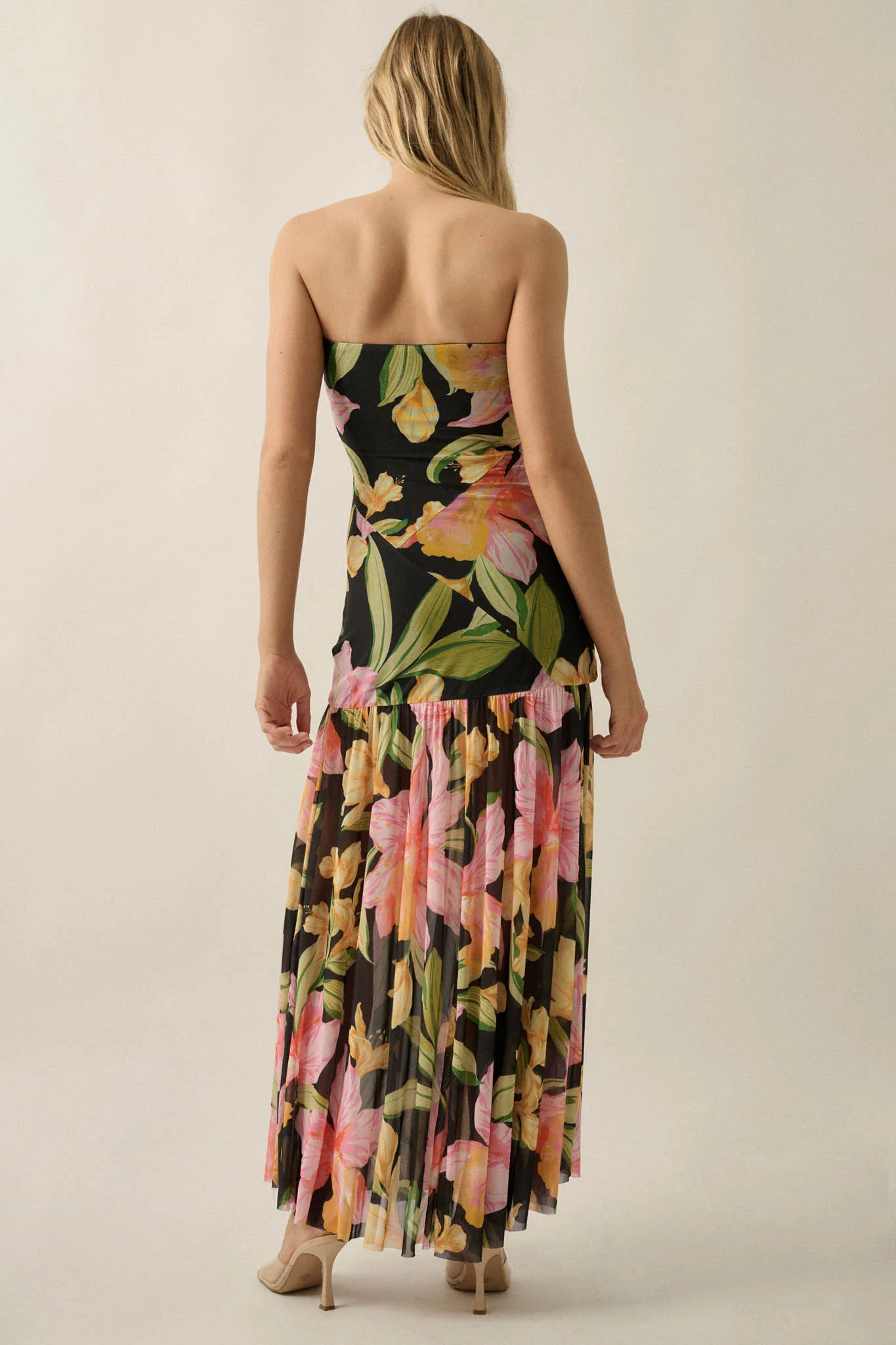 Opulent Blossoms Floral Mesh Strapless Maxi Dress - Image 2