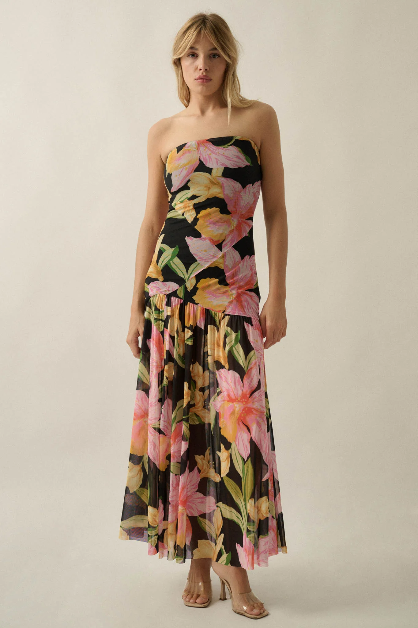 Opulent Blossoms Floral Mesh Strapless Maxi Dress - Image 3