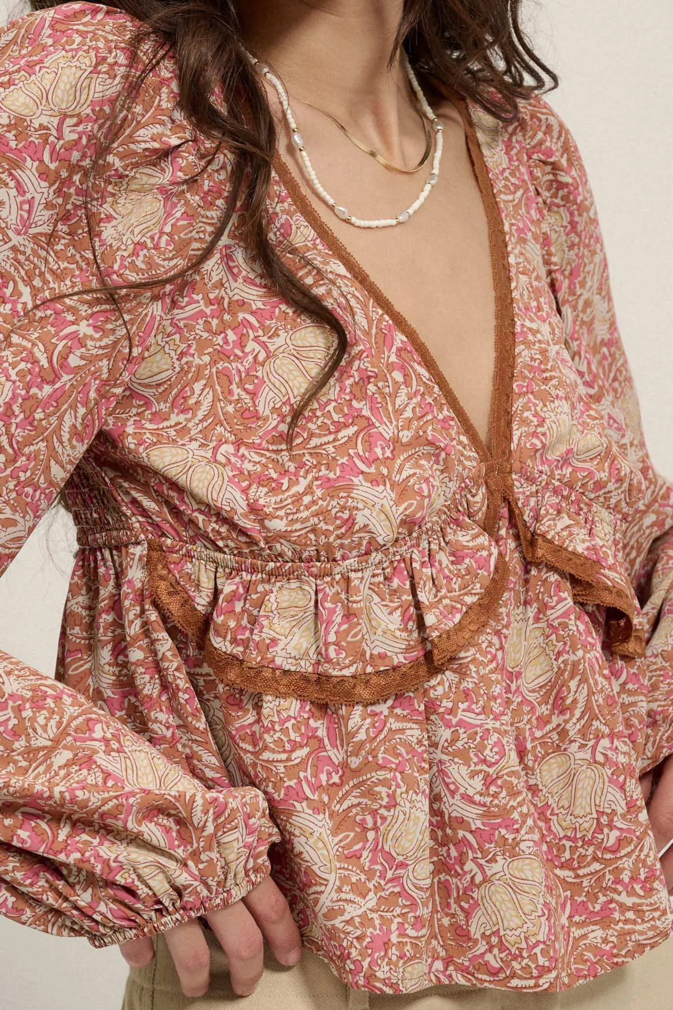 Ornate Blooms Lace-Trimmed Floral Peasant Top - Image 4