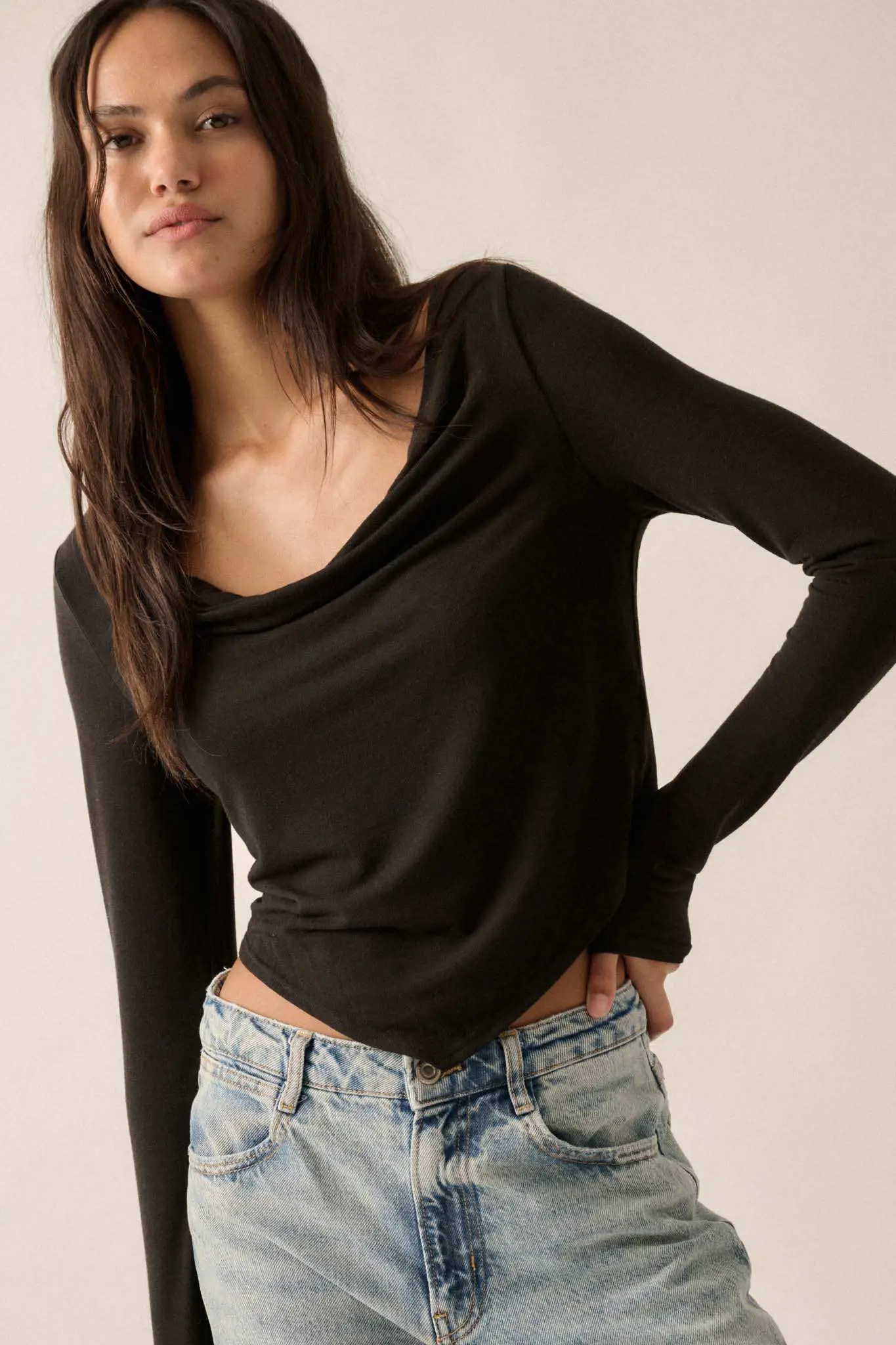 Over and Over Cowl Neck Bandana-Hem Baby Rib Top