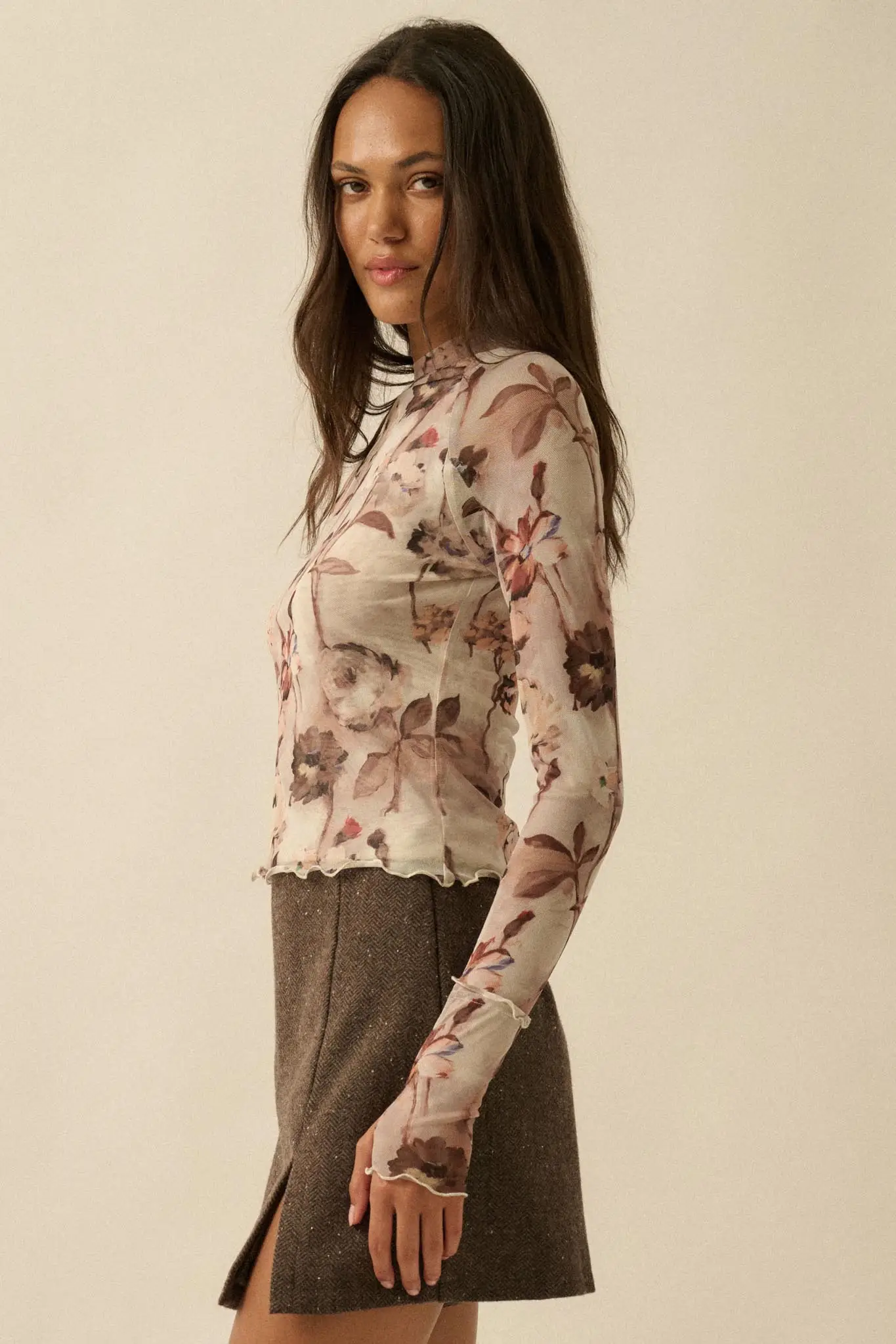 Painted Beauty Floral Mesh Mock-Neck Thumbhole Top - Image 11