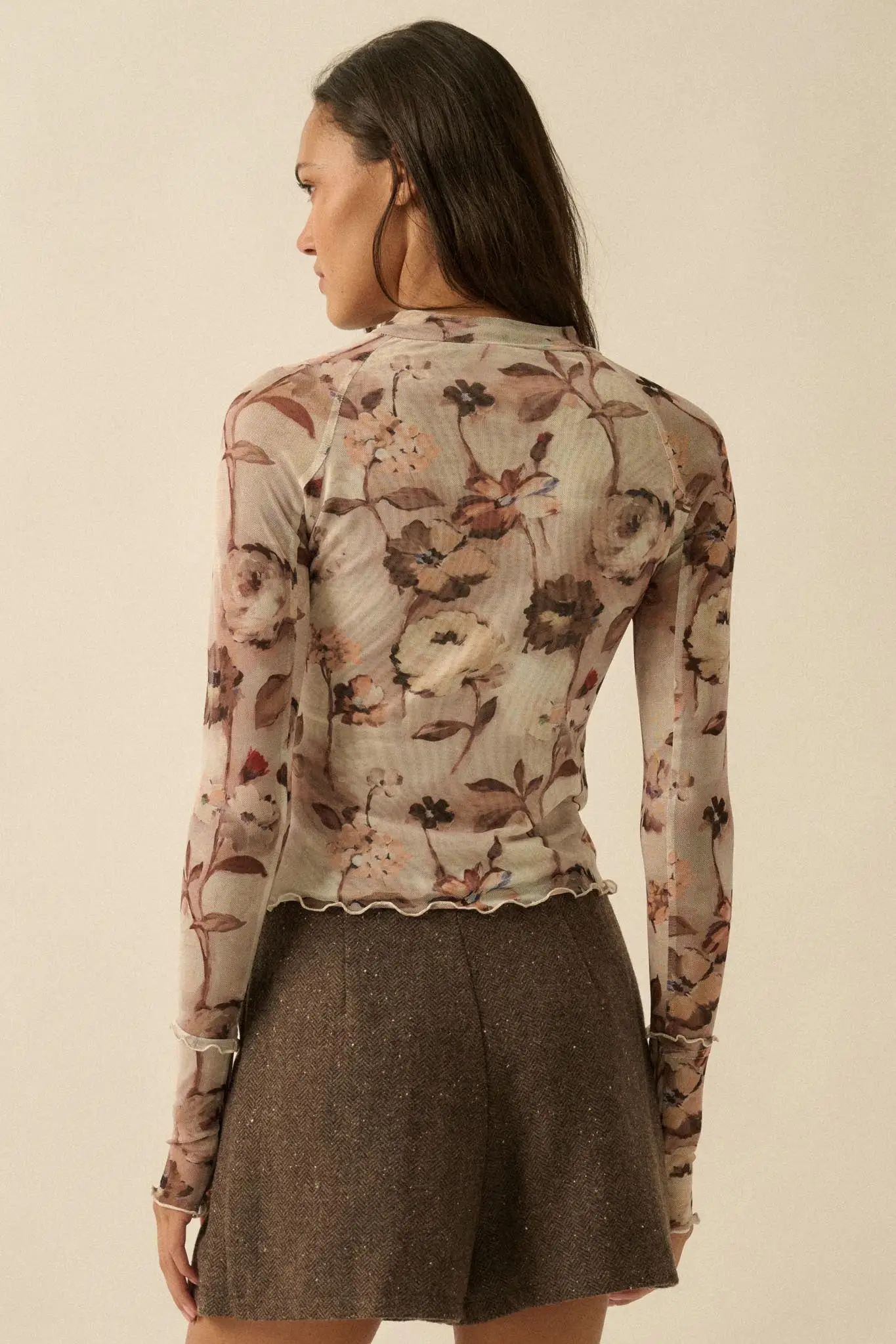Painted Beauty Floral Mesh Mock-Neck Thumbhole Top - Image 12