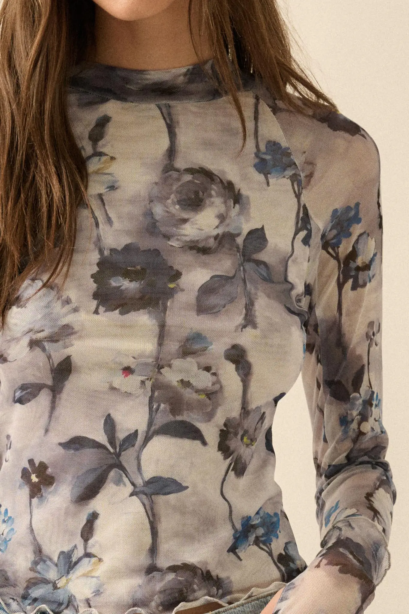 Painted Beauty Floral Mesh Mock-Neck Thumbhole Top - Image 2