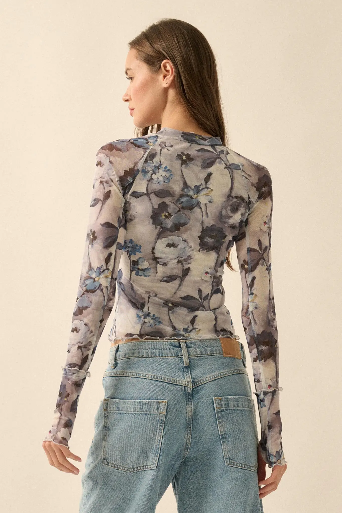 Painted Beauty Floral Mesh Mock-Neck Thumbhole Top - Image 6