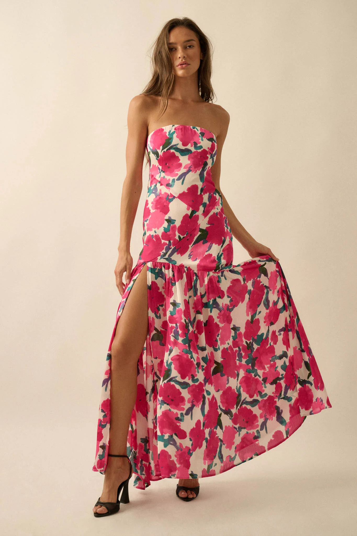 Painted Garden Floral Crepe Strapless Maxi Dress