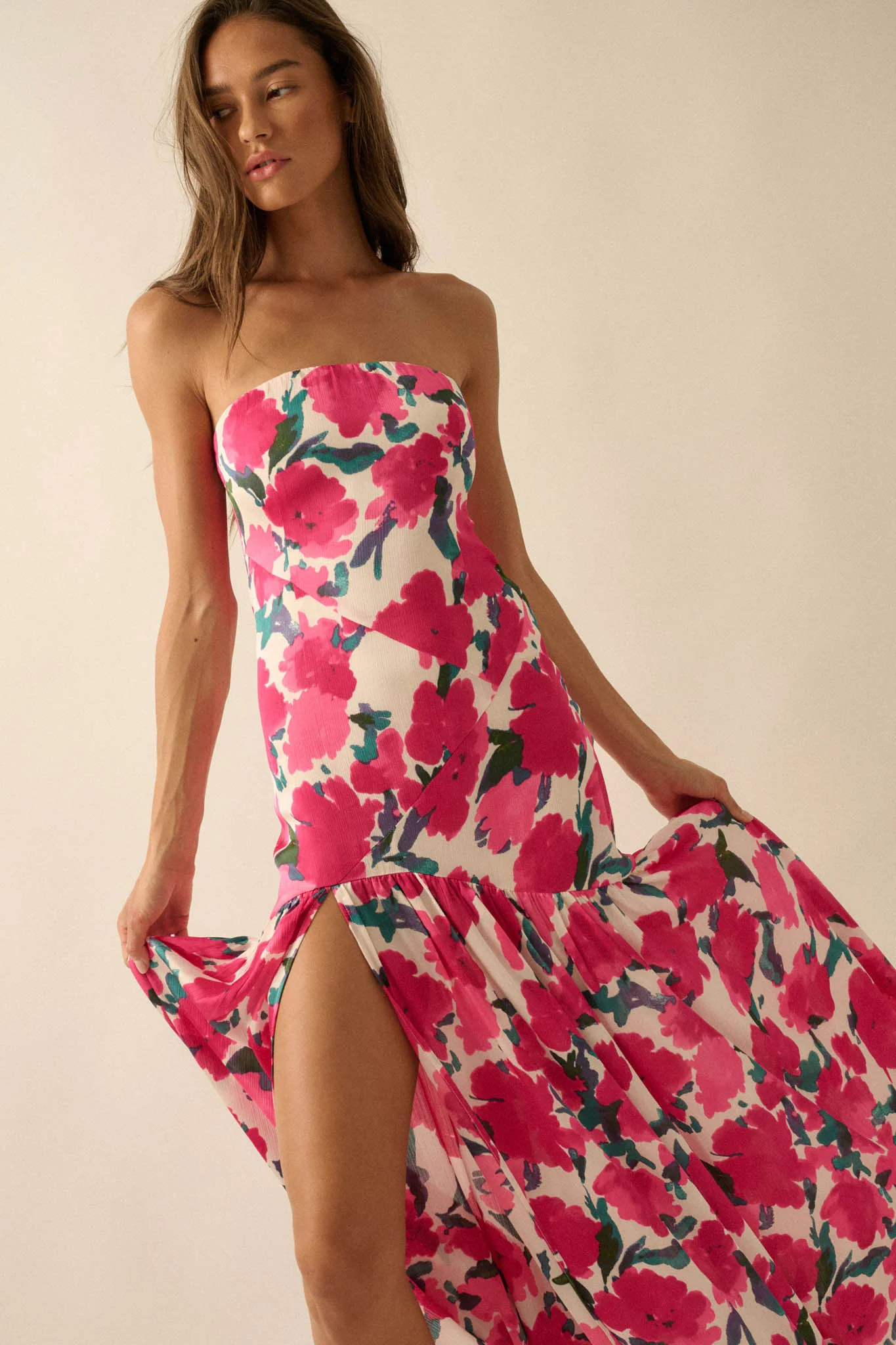 Painted Garden Floral Crepe Strapless Maxi Dress - Image 5