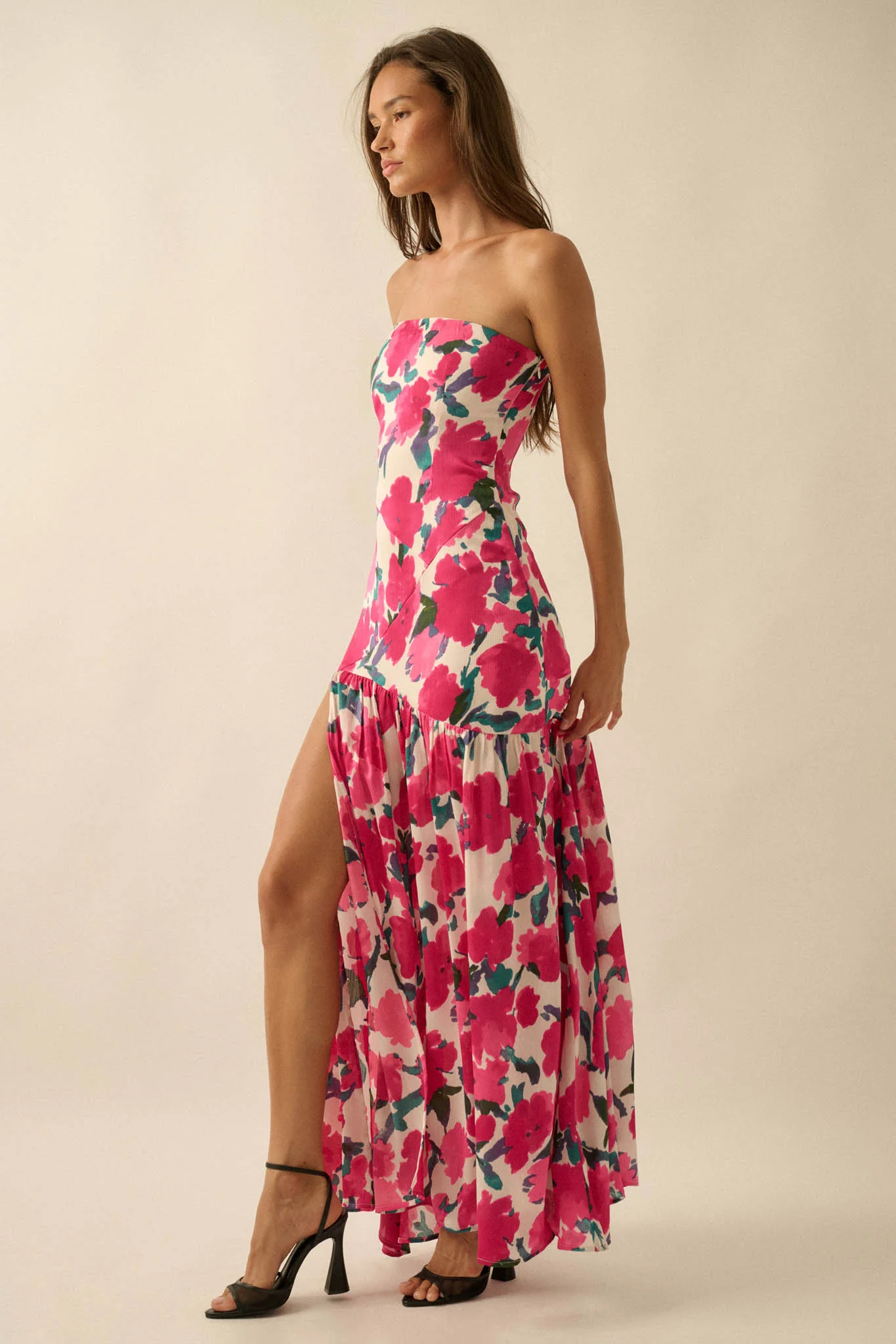 Painted Garden Floral Crepe Strapless Maxi Dress - Image 6