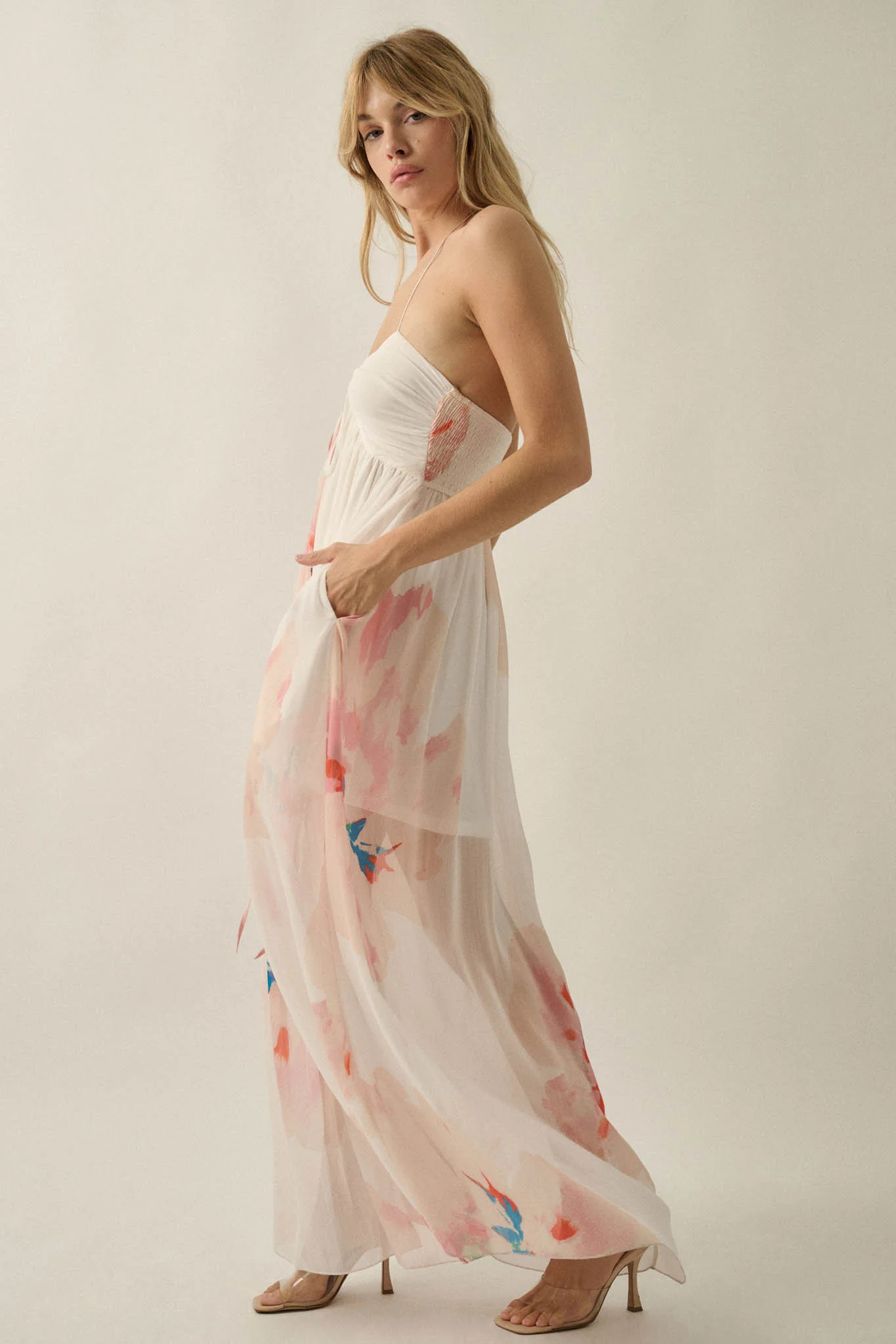 Painted Peonies Floral Chiffon Halter Maxi Dress - Image 11