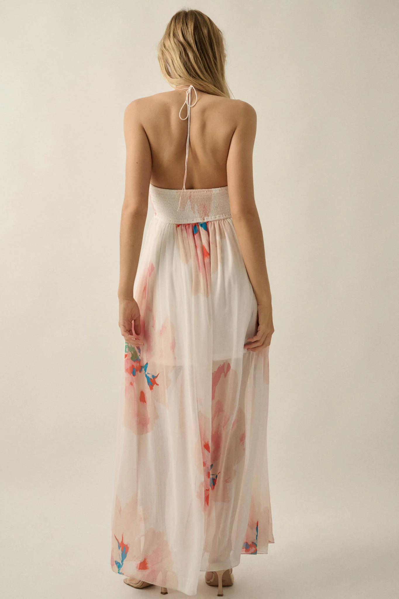 Painted Peonies Floral Chiffon Halter Maxi Dress - Image 12