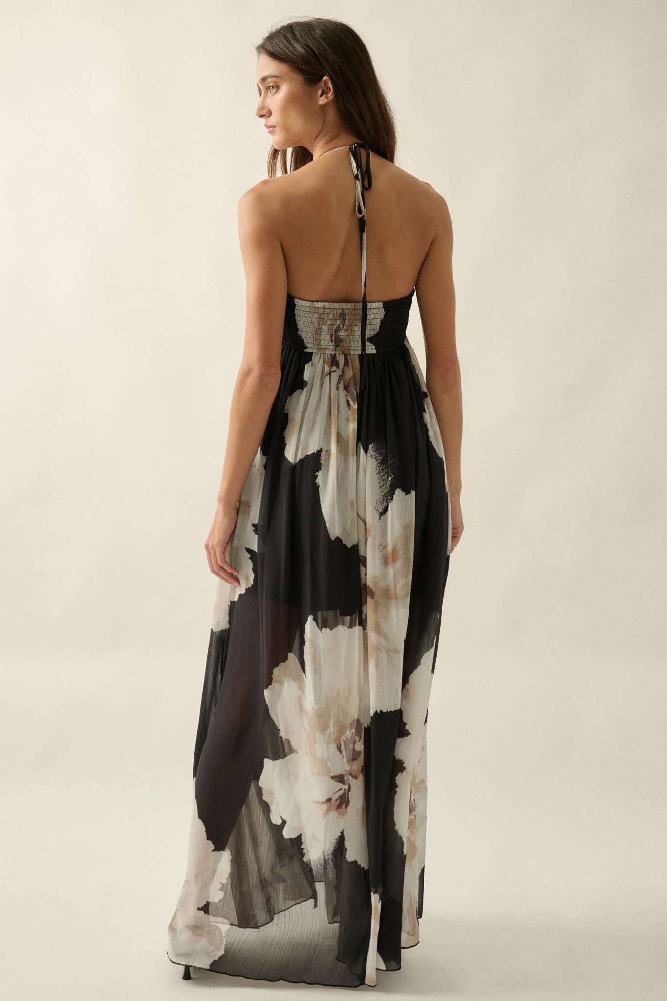 Painted Peonies Floral Chiffon Halter Maxi Dress - Image 2