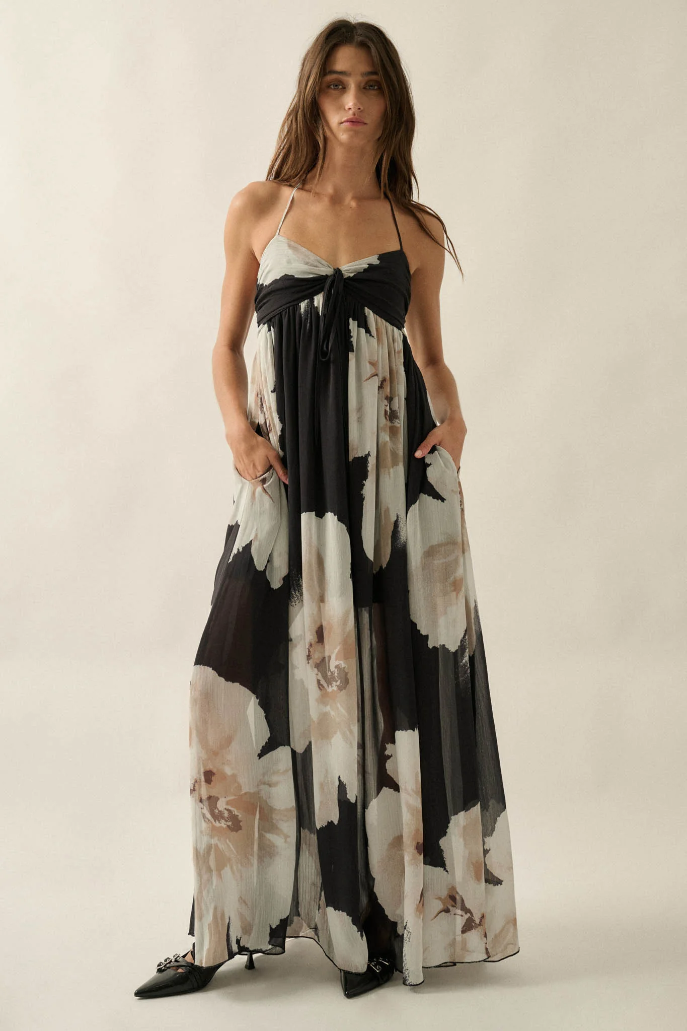 Painted Peonies Floral Chiffon Halter Maxi Dress - Image 3