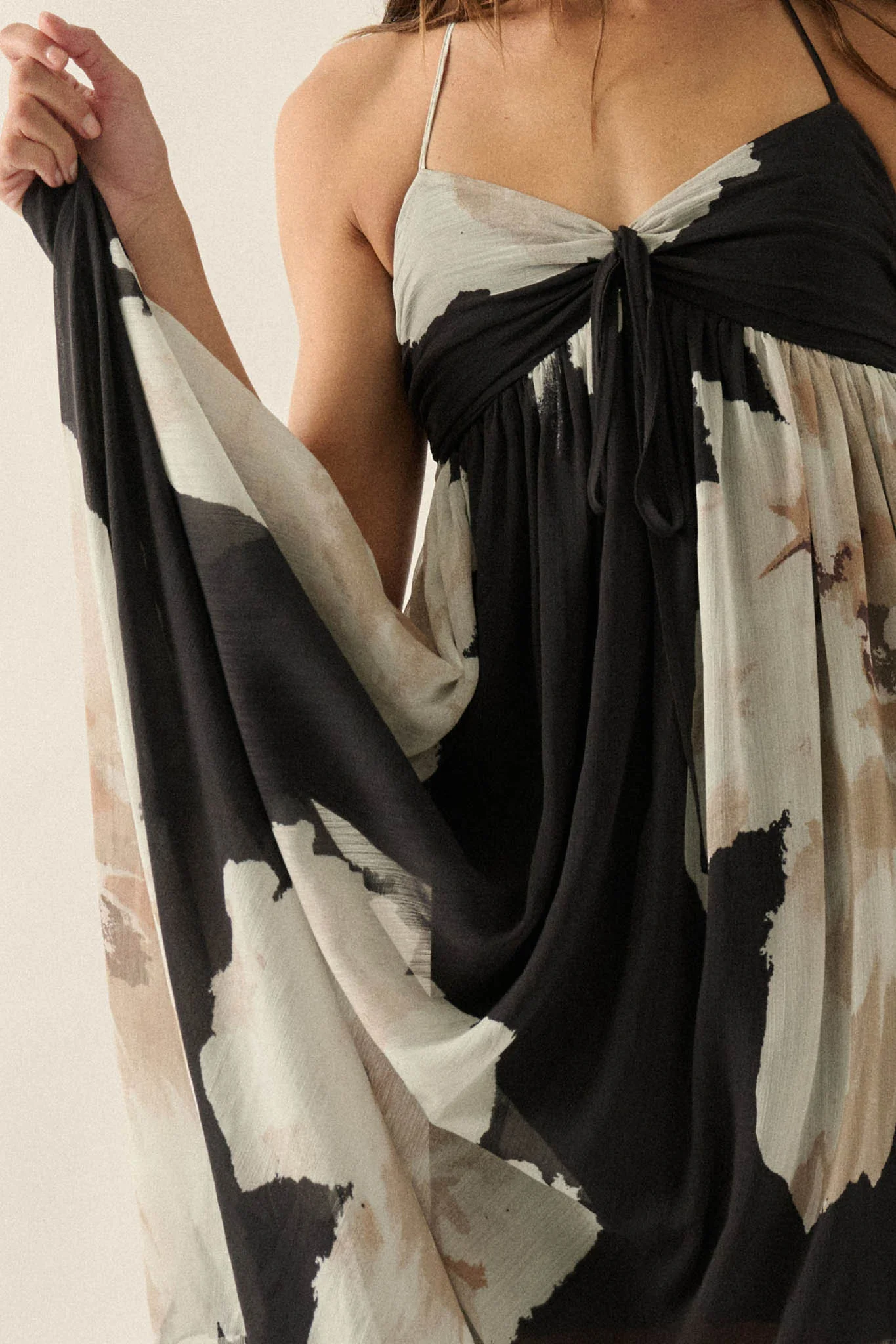 Painted Peonies Floral Chiffon Halter Maxi Dress - Image 4