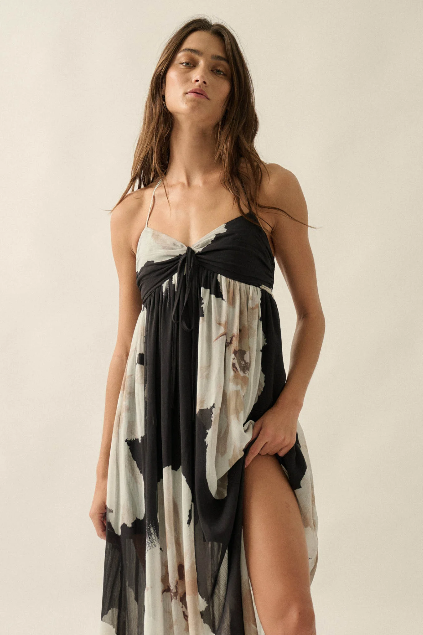 Painted Peonies Floral Chiffon Halter Maxi Dress - Image 5
