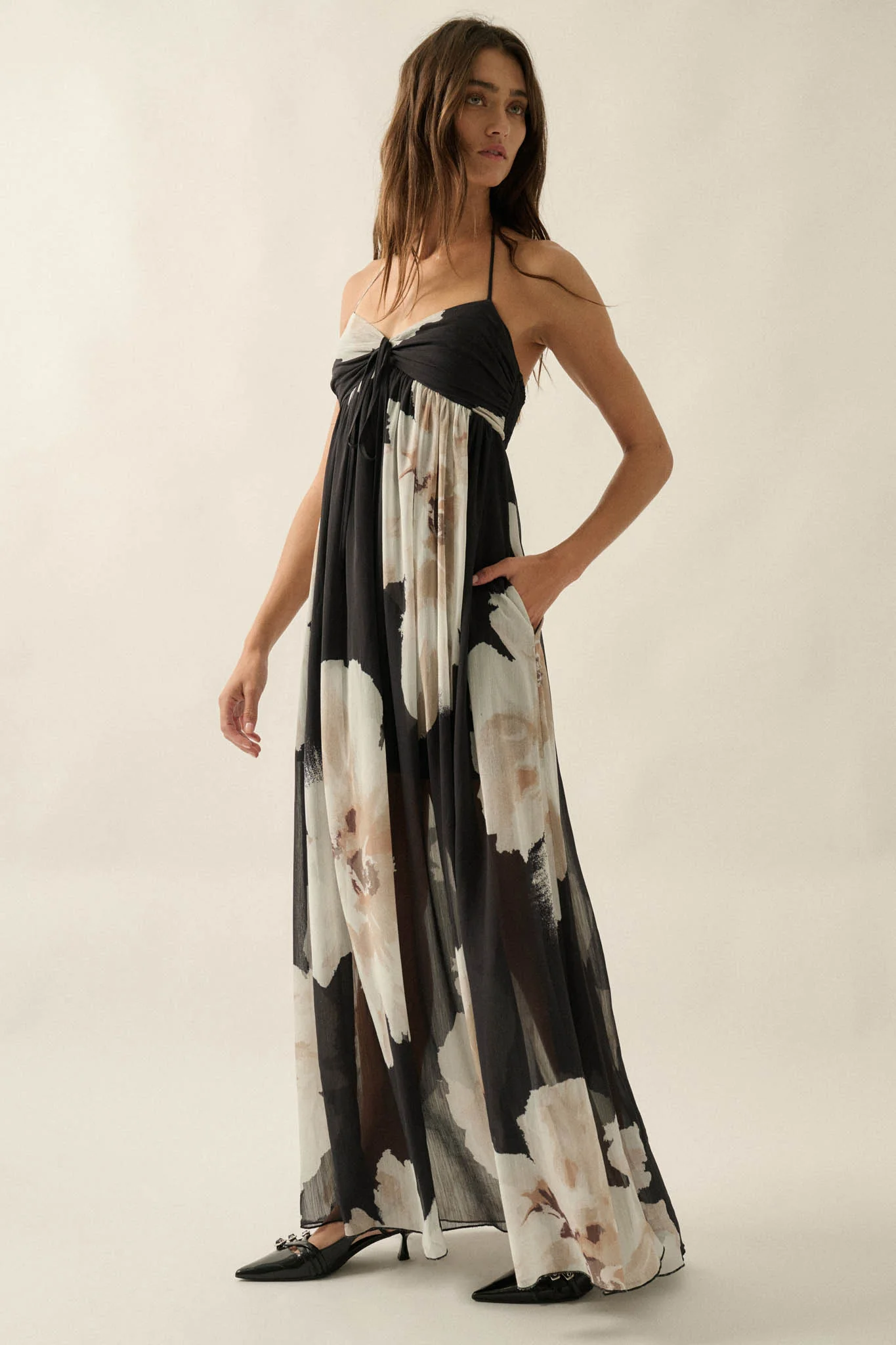 Painted Peonies Floral Chiffon Halter Maxi Dress - Image 6