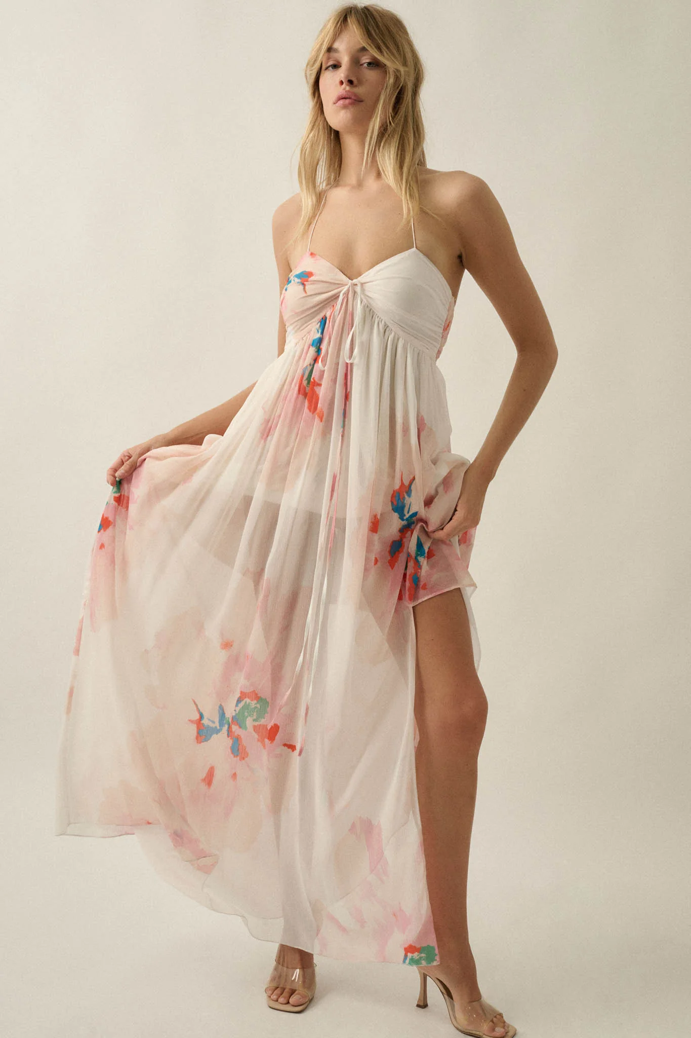 Painted Peonies Floral Chiffon Halter Maxi Dress - Image 7
