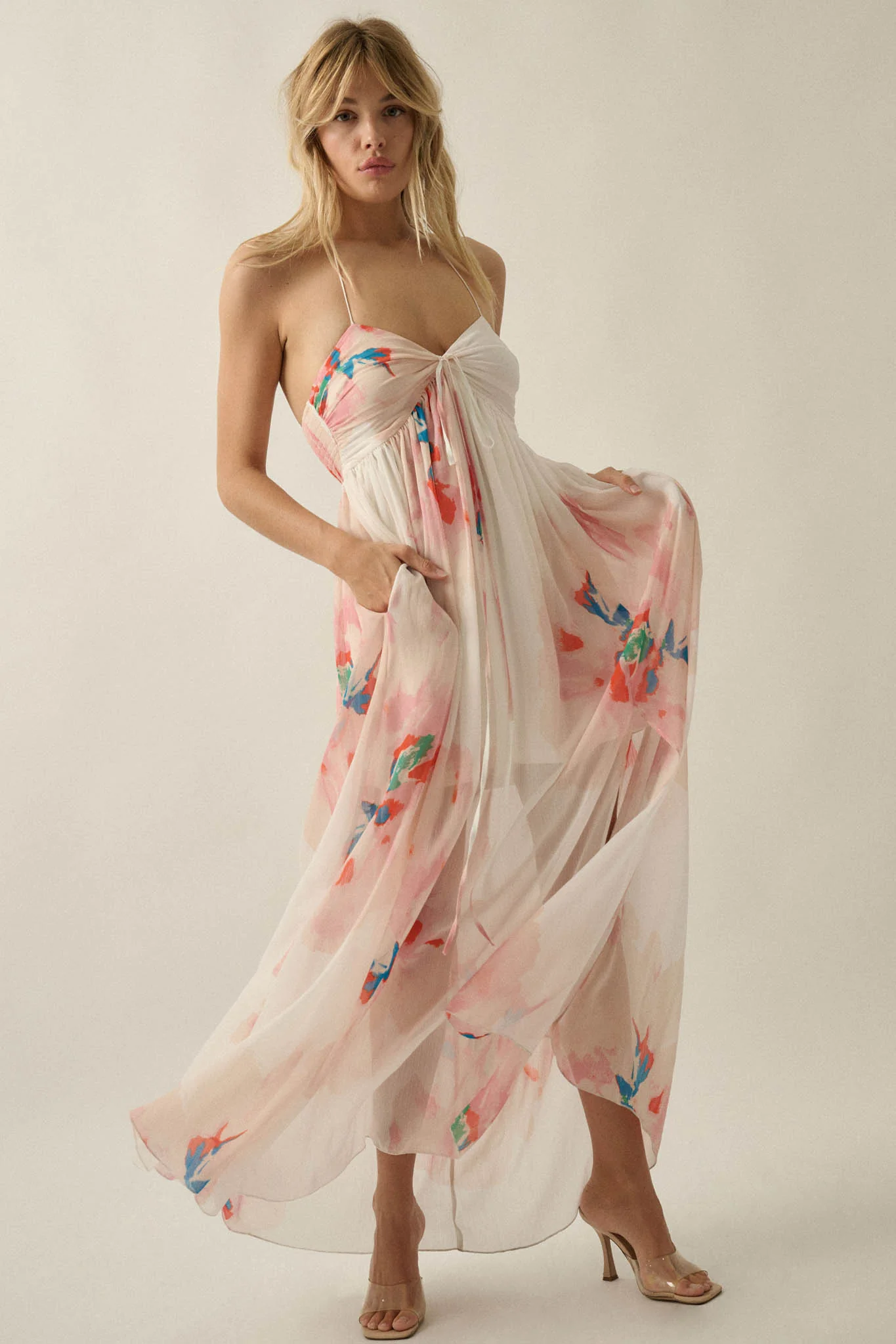Painted Peonies Floral Chiffon Halter Maxi Dress - Image 9