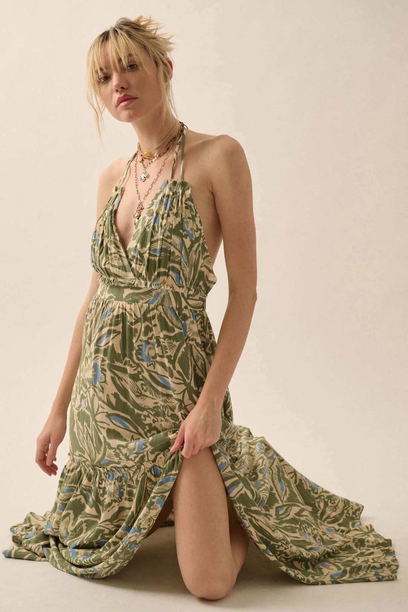 Palm Paradise Tropical Floral Halter Maxi Dress