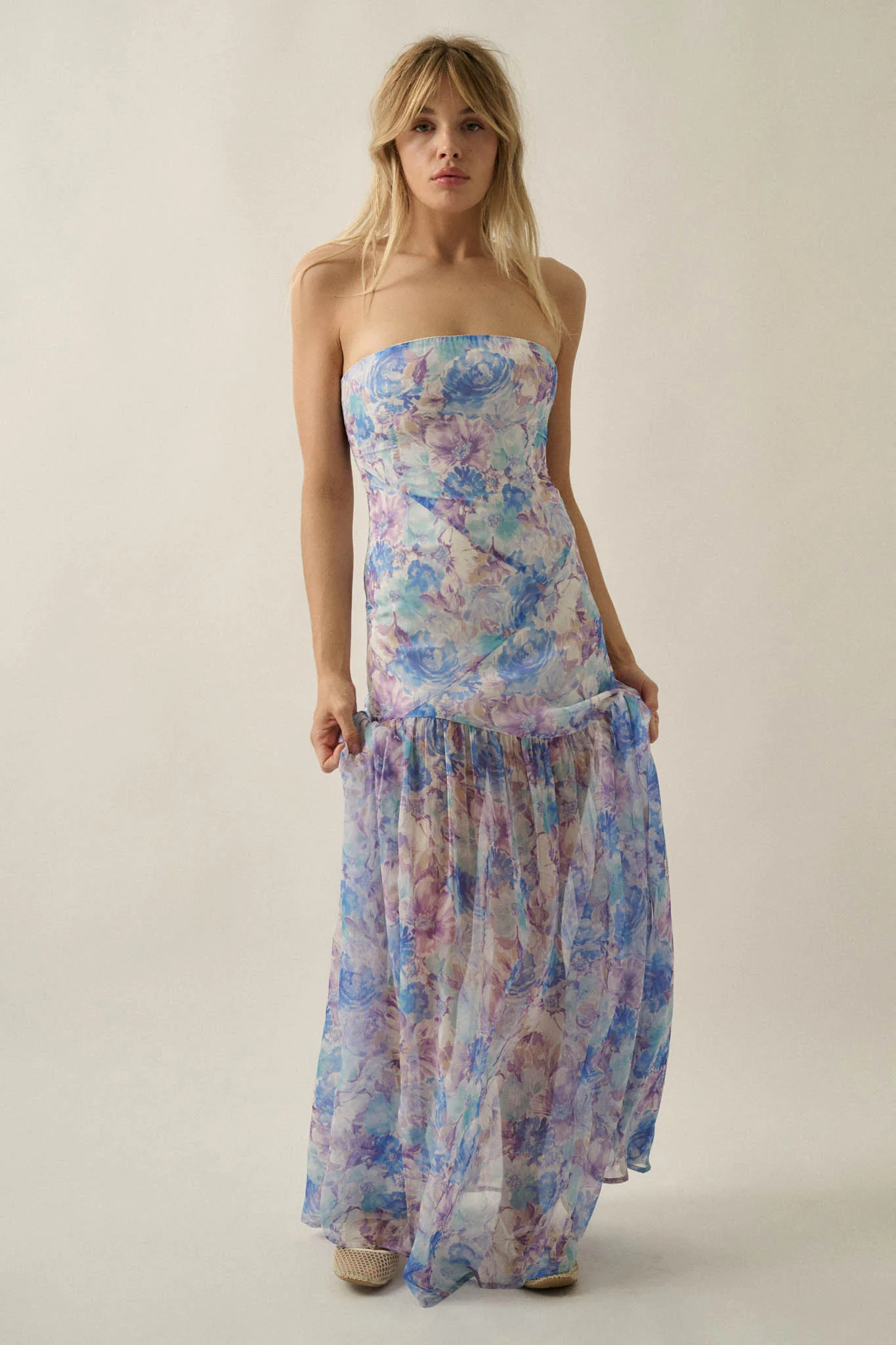 Pastel Petals Floral Chiffon Strapless Maxi Dress
