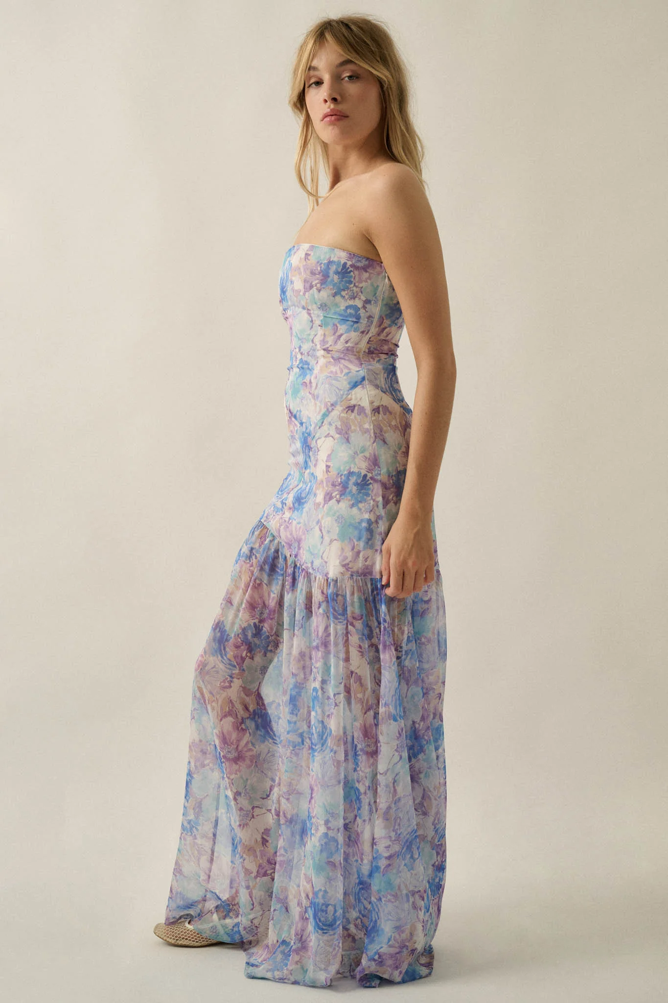 Pastel Petals Floral Chiffon Strapless Maxi Dress - Image 5