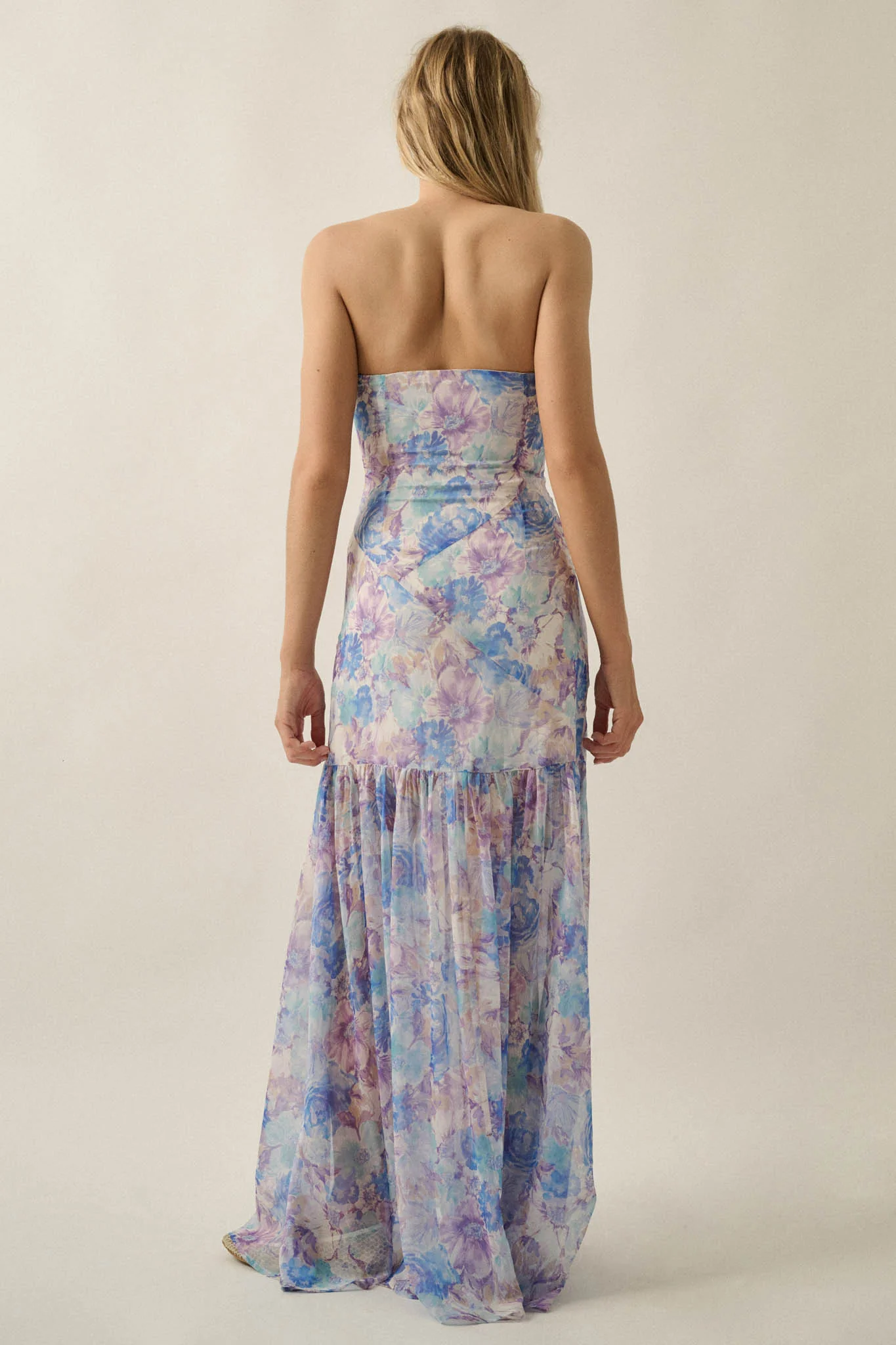 Pastel Petals Floral Chiffon Strapless Maxi Dress - Image 6