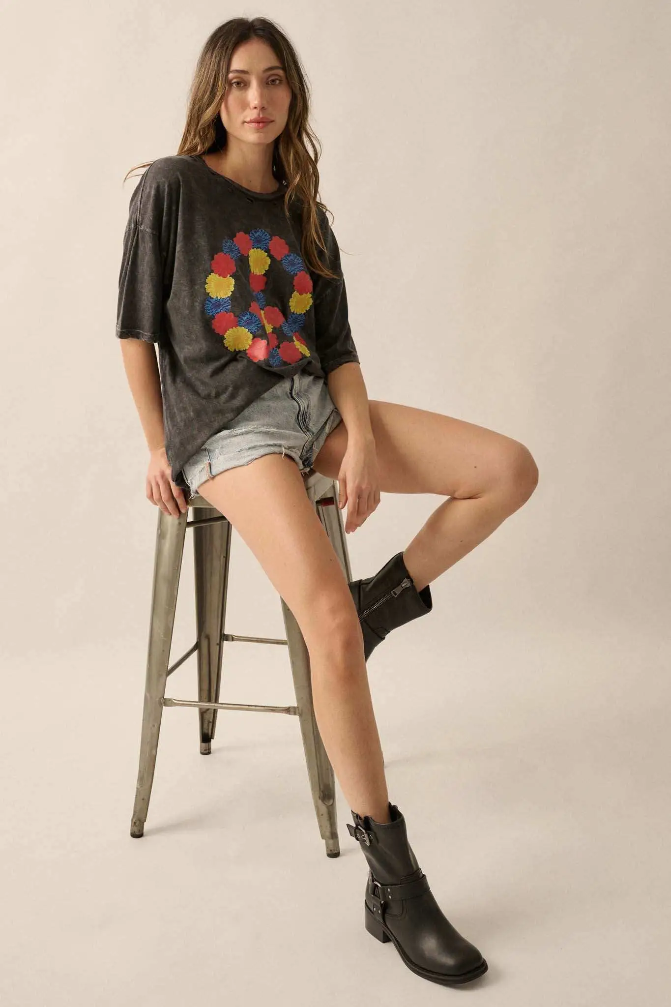 Peace Out Floral Peace Sign Distressed Graphic Tee - Image 2