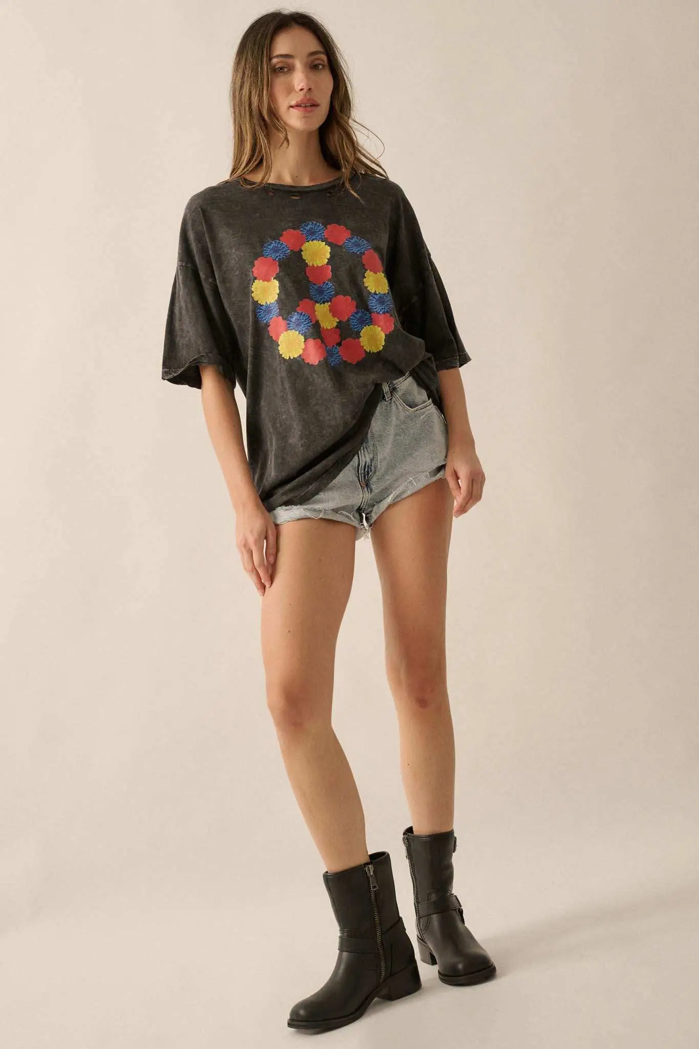 Peace Out Floral Peace Sign Distressed Graphic Tee - Image 3