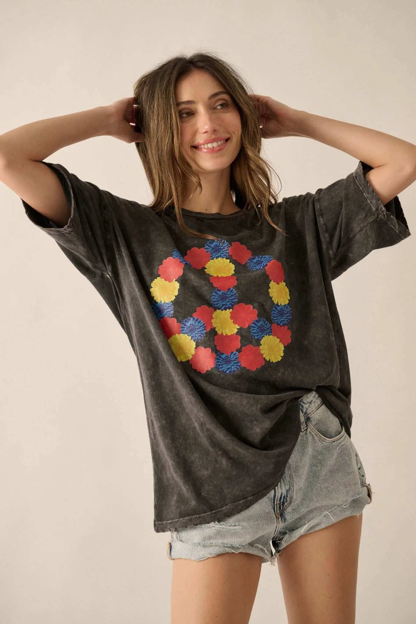 Peace Out Floral Peace Sign Distressed Graphic Tee - Image 5