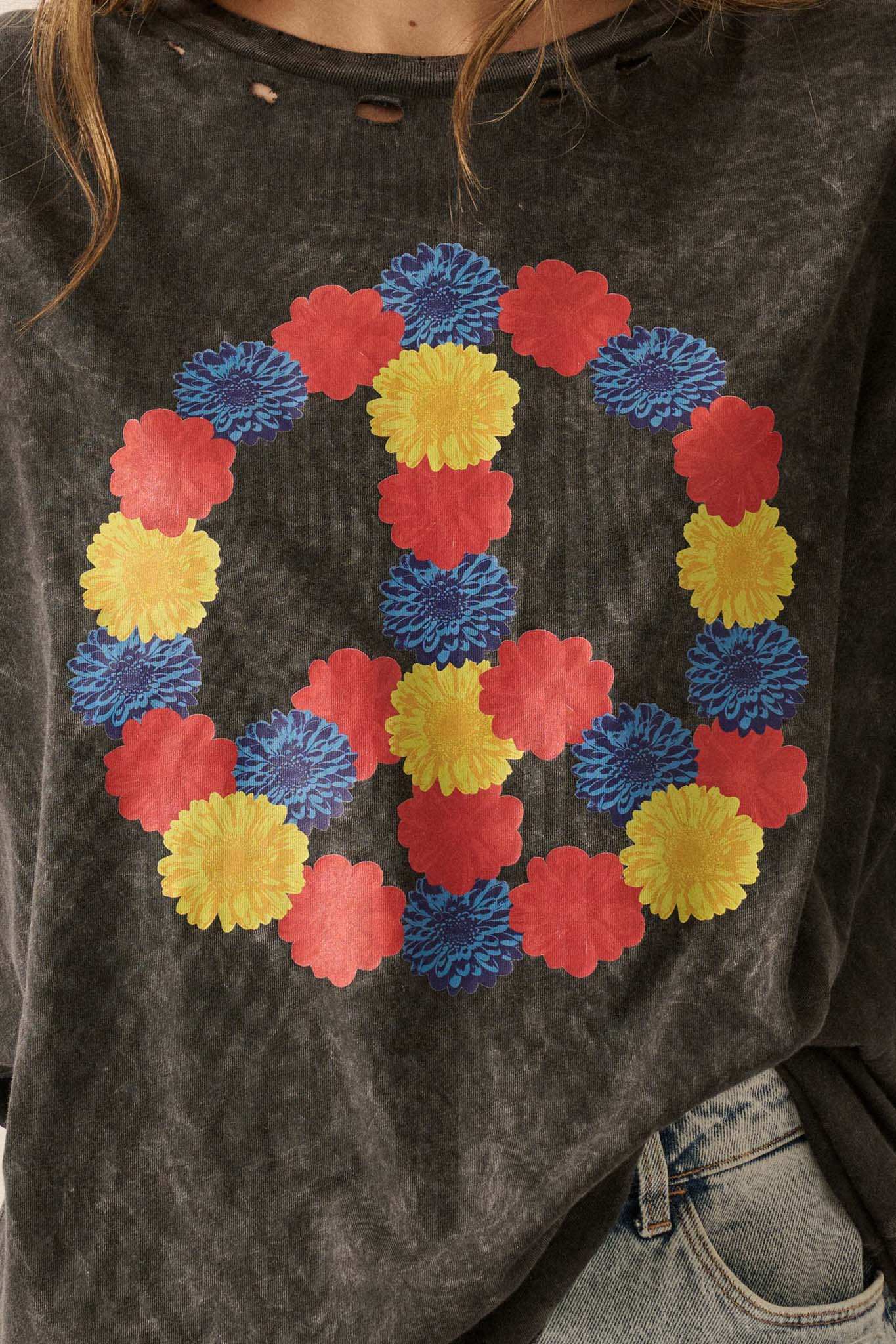 Peace Out Floral Peace Sign Distressed Graphic Tee - Image 6