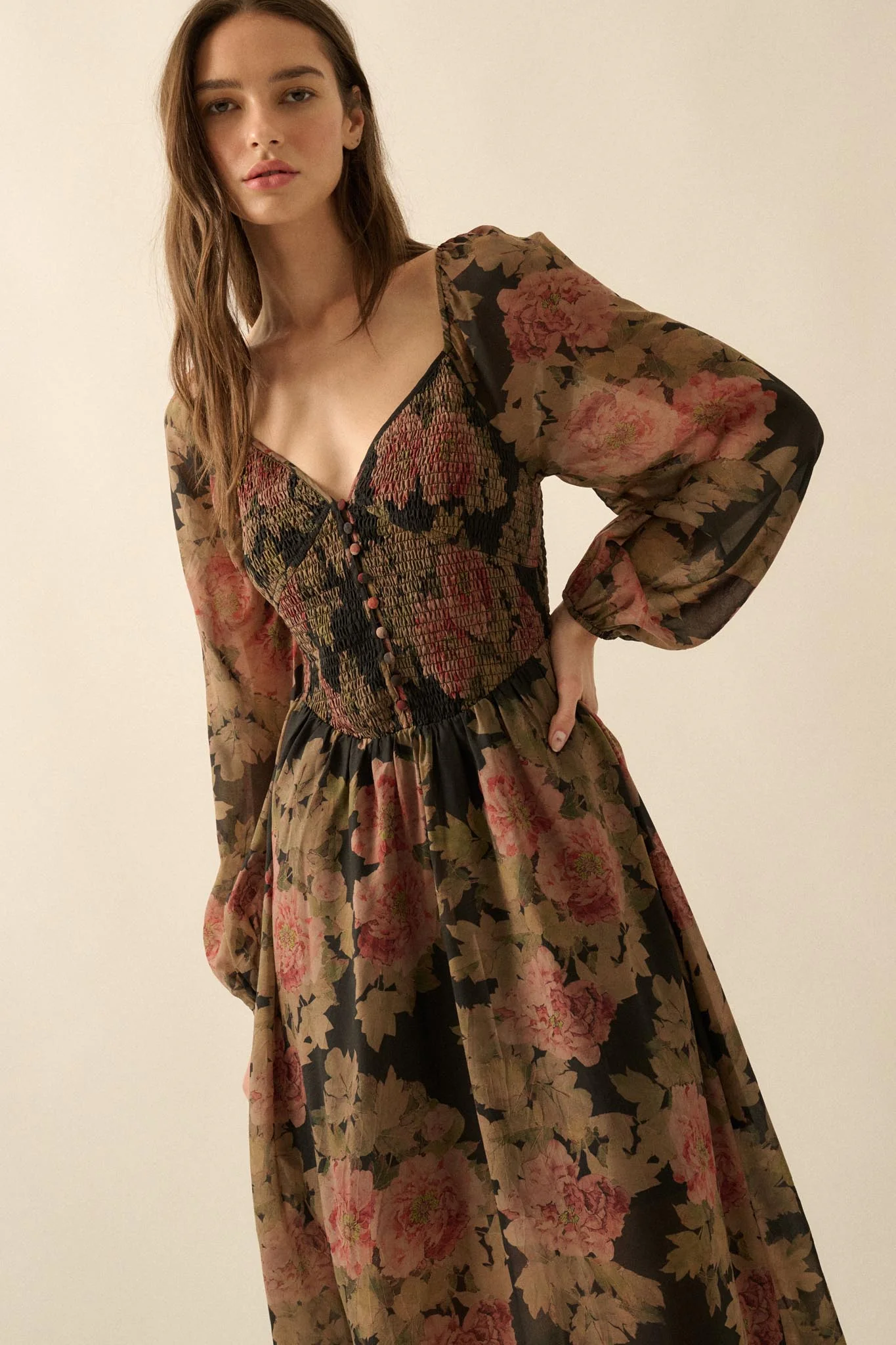 Peaceful Petals Smocked Floral Midi Peasant Dress - Image 10