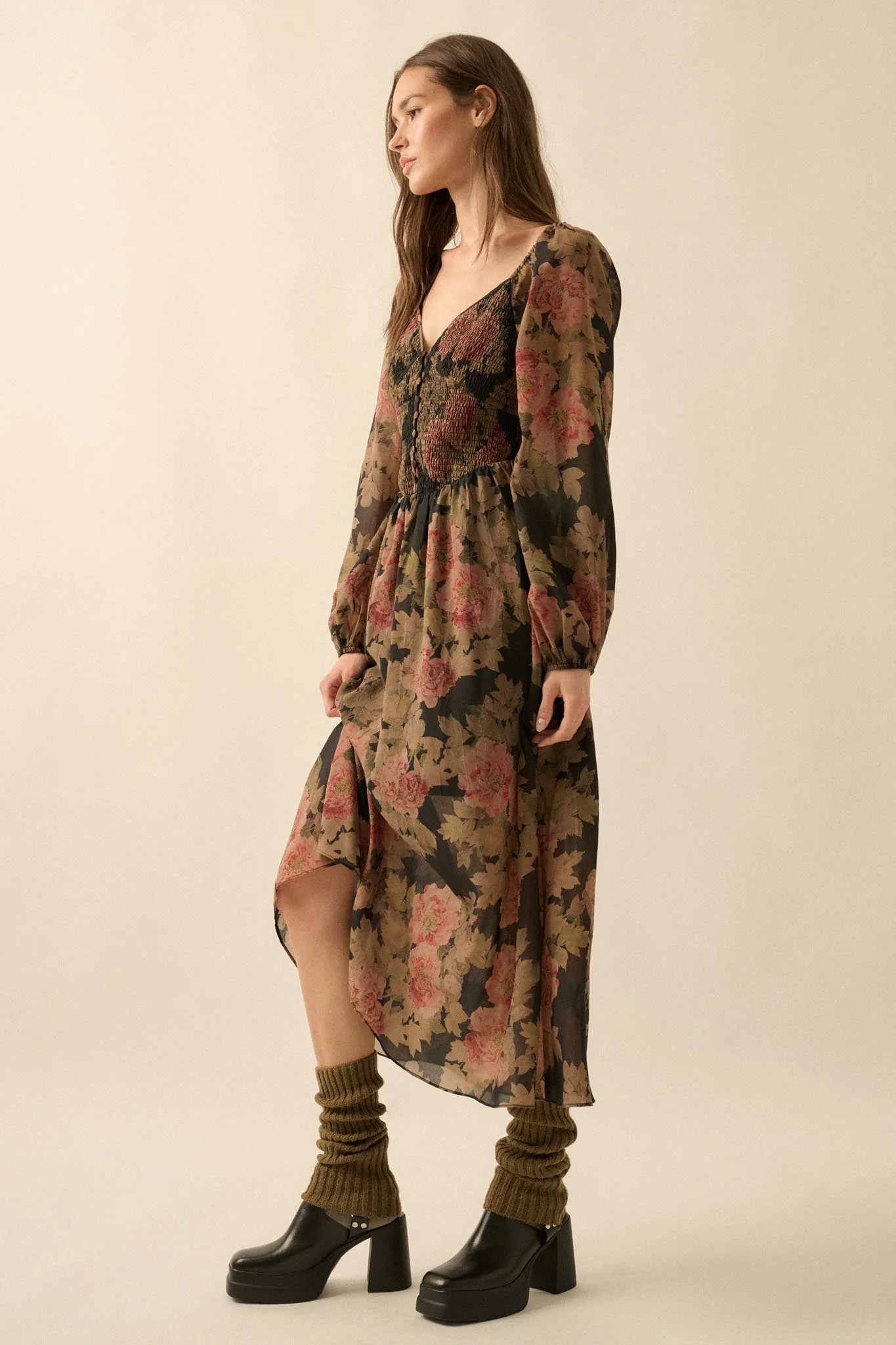 Peaceful Petals Smocked Floral Midi Peasant Dress - Image 11