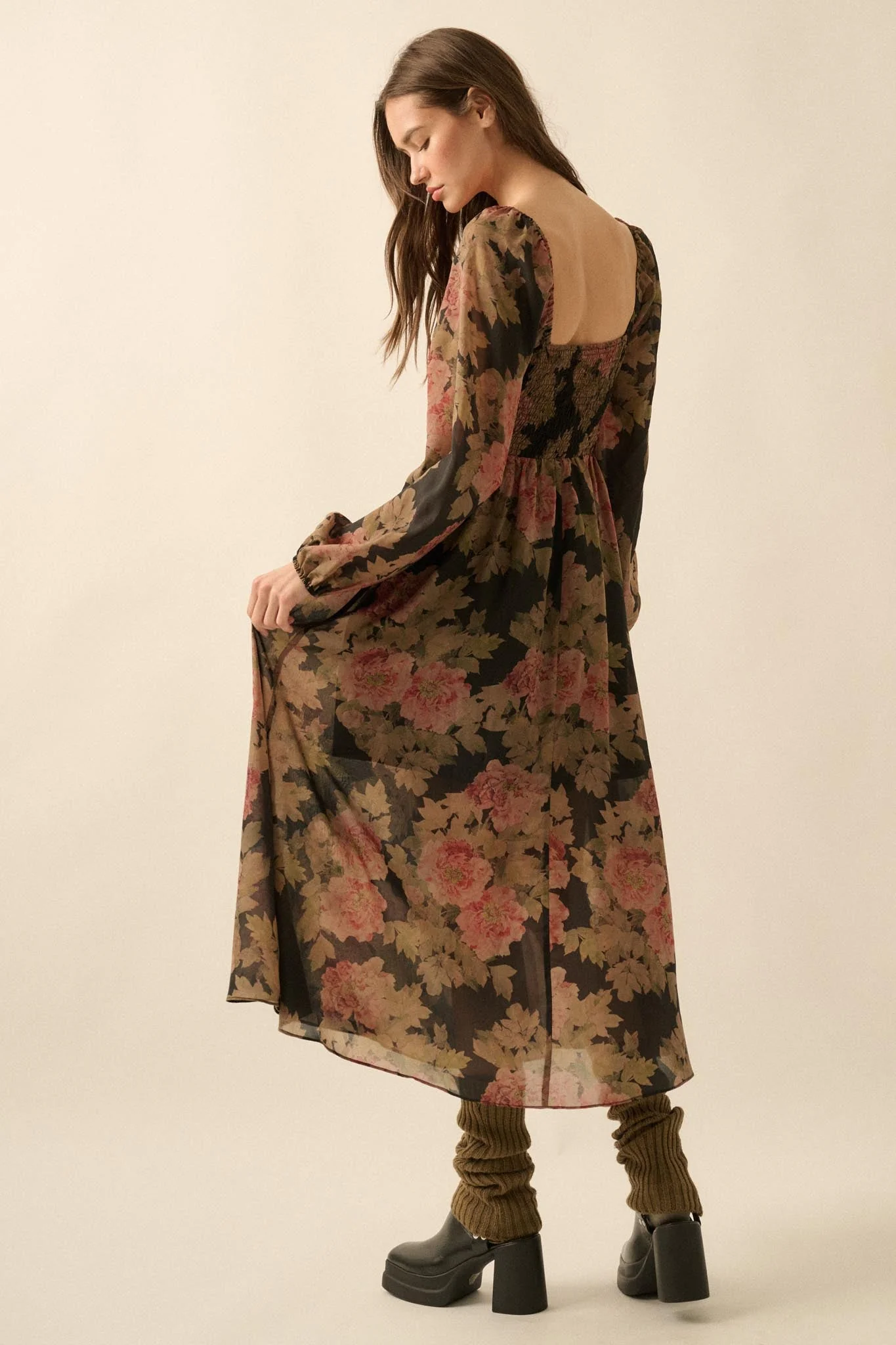 Peaceful Petals Smocked Floral Midi Peasant Dress - Image 12