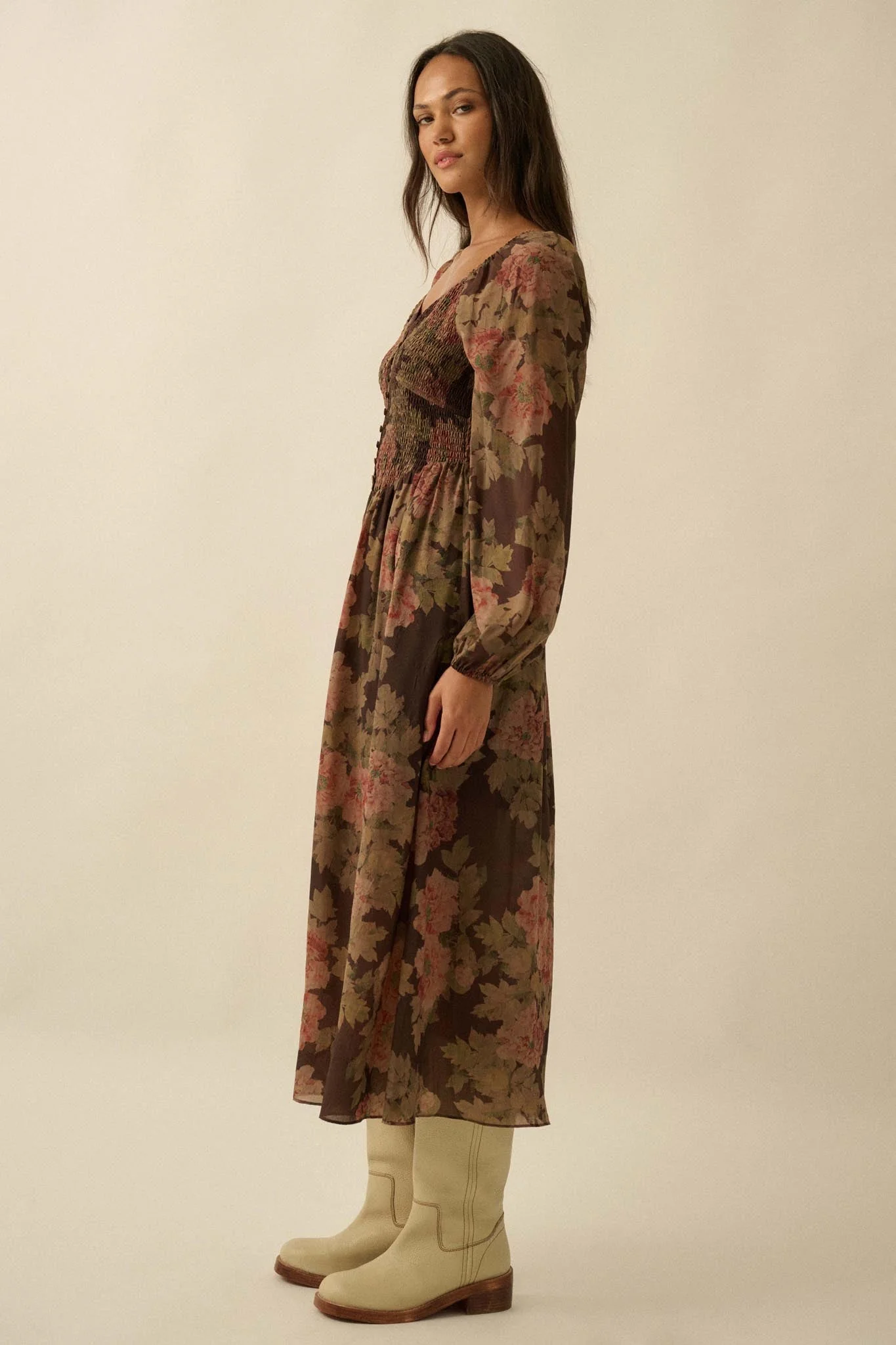 Peaceful Petals Smocked Floral Midi Peasant Dress - Image 6