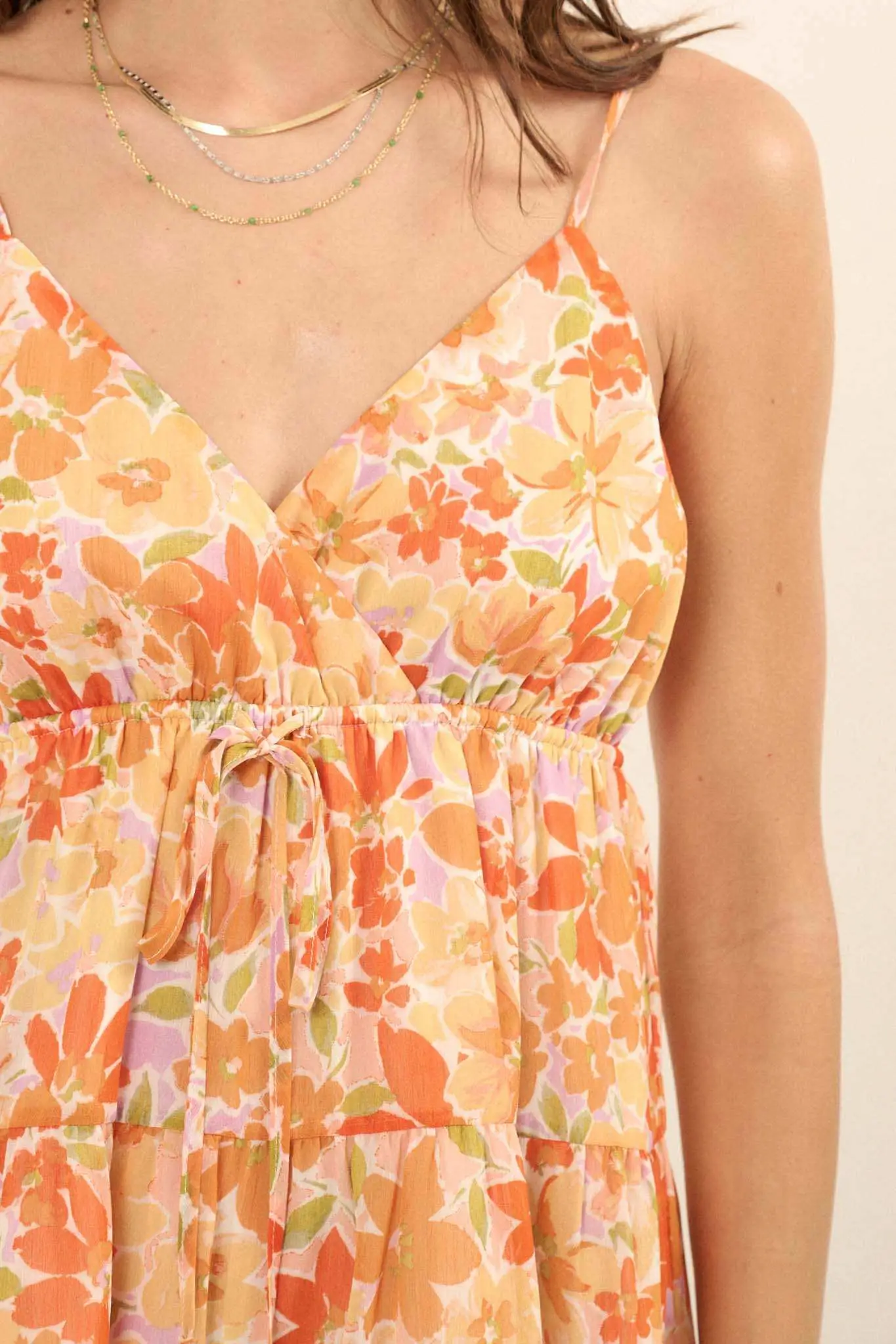 Peach Blossoms Floral Chiffon Tiered Ruffle Romper - Image 4