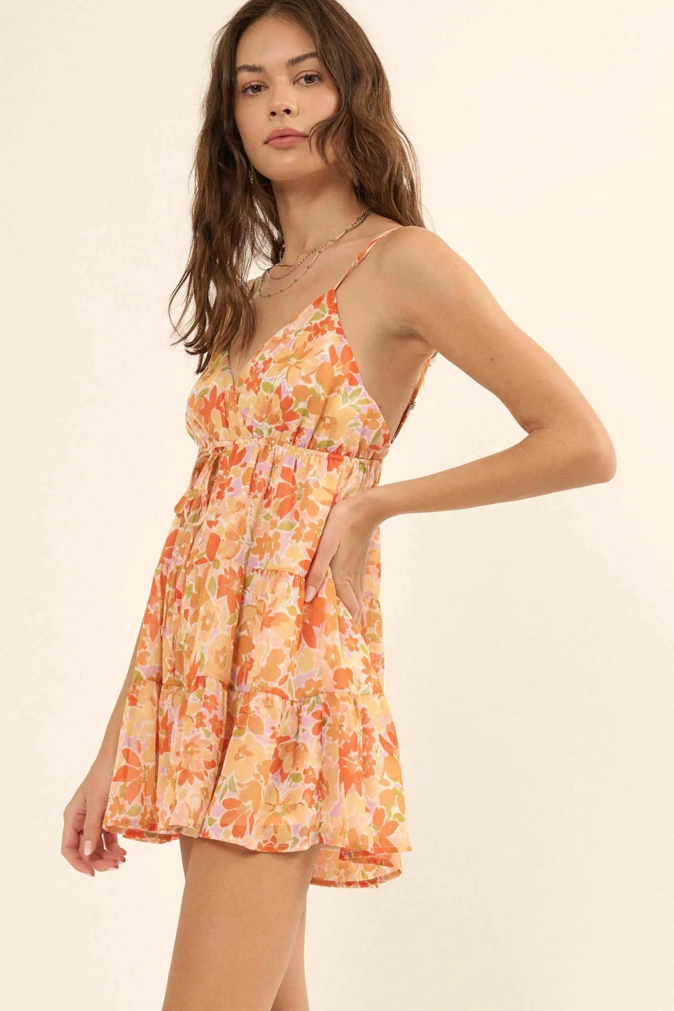 Peach Blossoms Floral Chiffon Tiered Ruffle Romper - Image 6