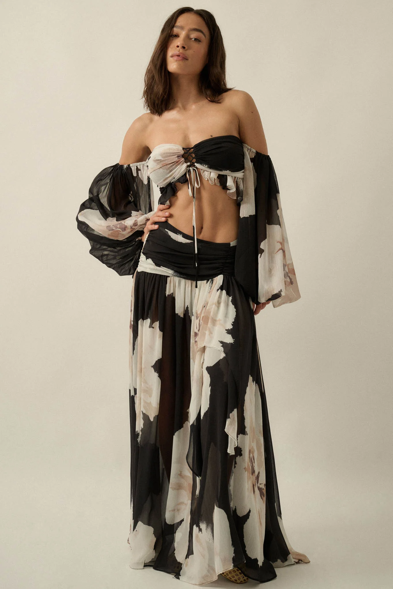 Peony Dream Floral Chiffon Long-Sleeve Bandeau Top - Image 5