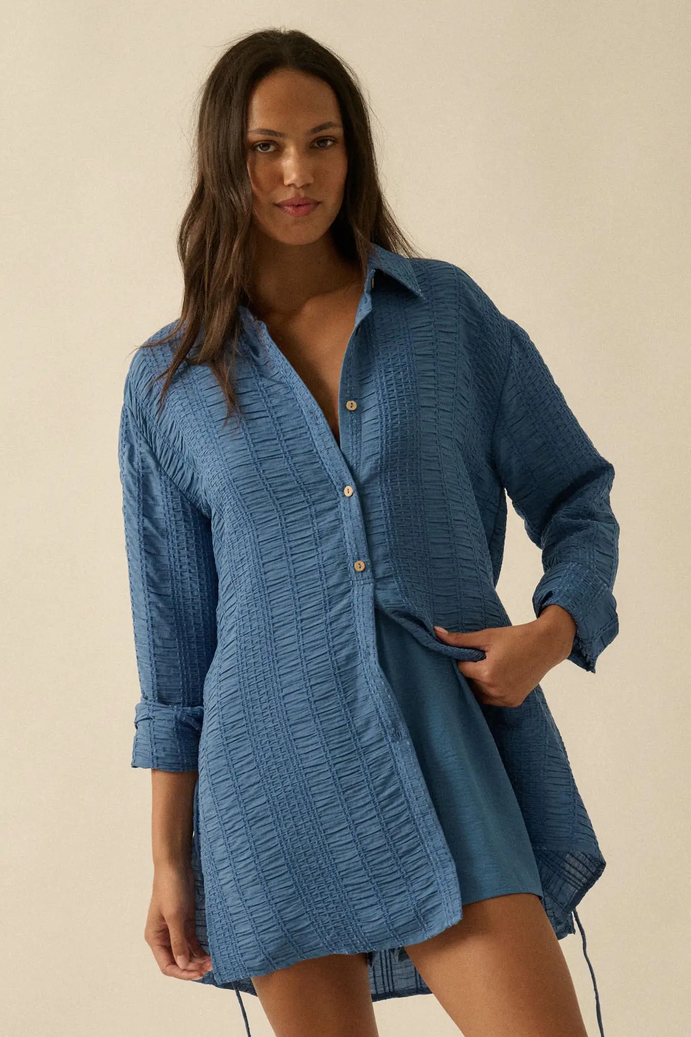 Perfect Day Smocked Button-Up Belted Shirt Romper - Image 10