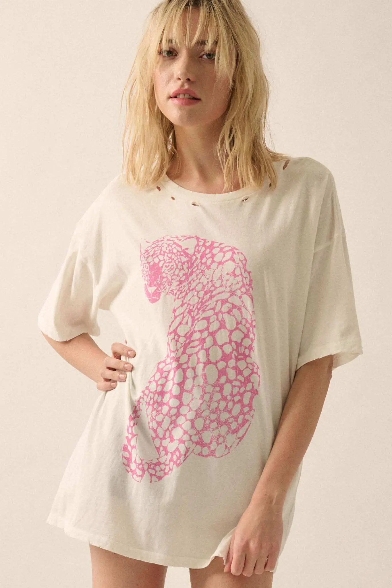 Pink Leopard Distressed Oversize Graphic Tee - Image 3