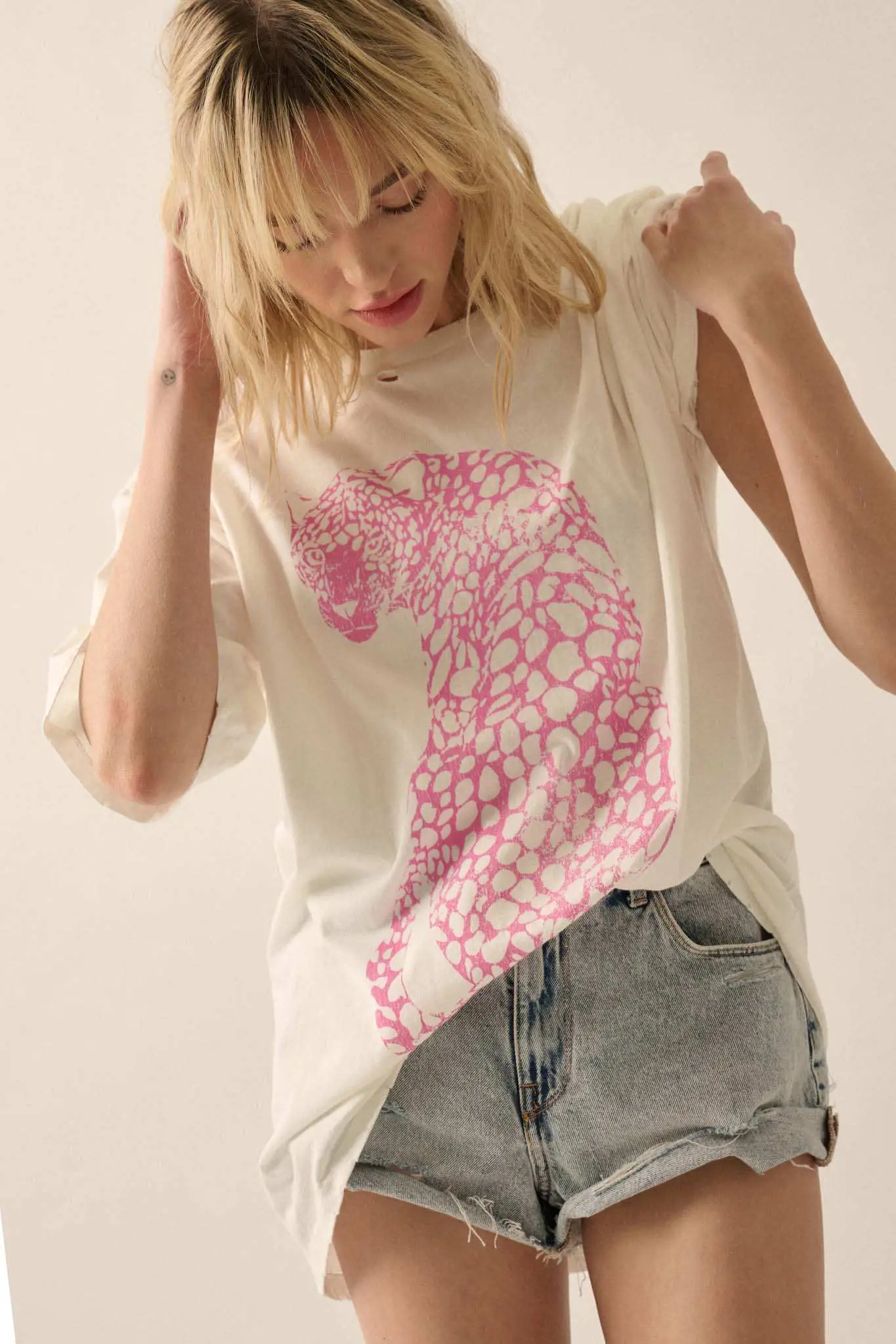 Pink Leopard Distressed Oversize Graphic Tee - Image 5